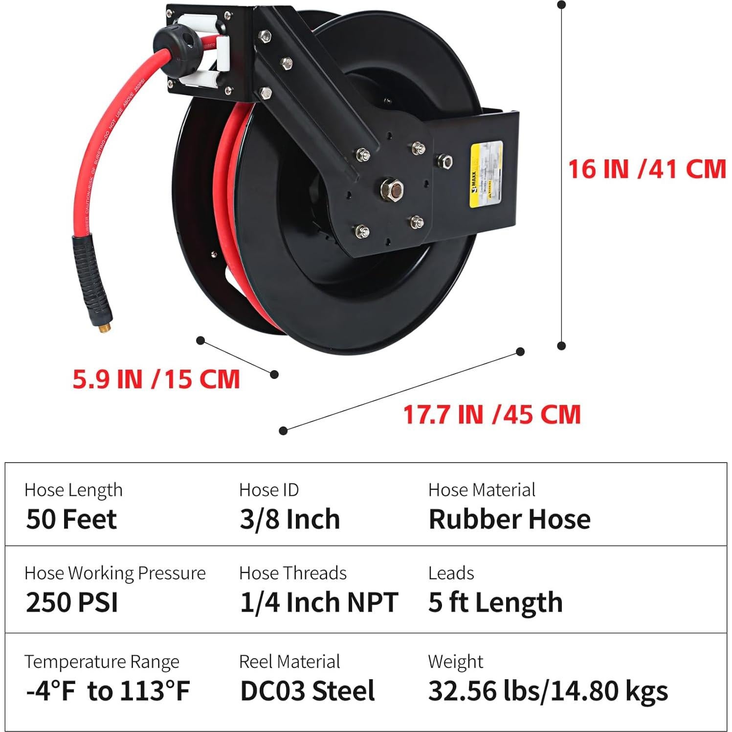 Carrete Retráctil de Manguera de Aire MaxWorks 15.24m 250 PSI