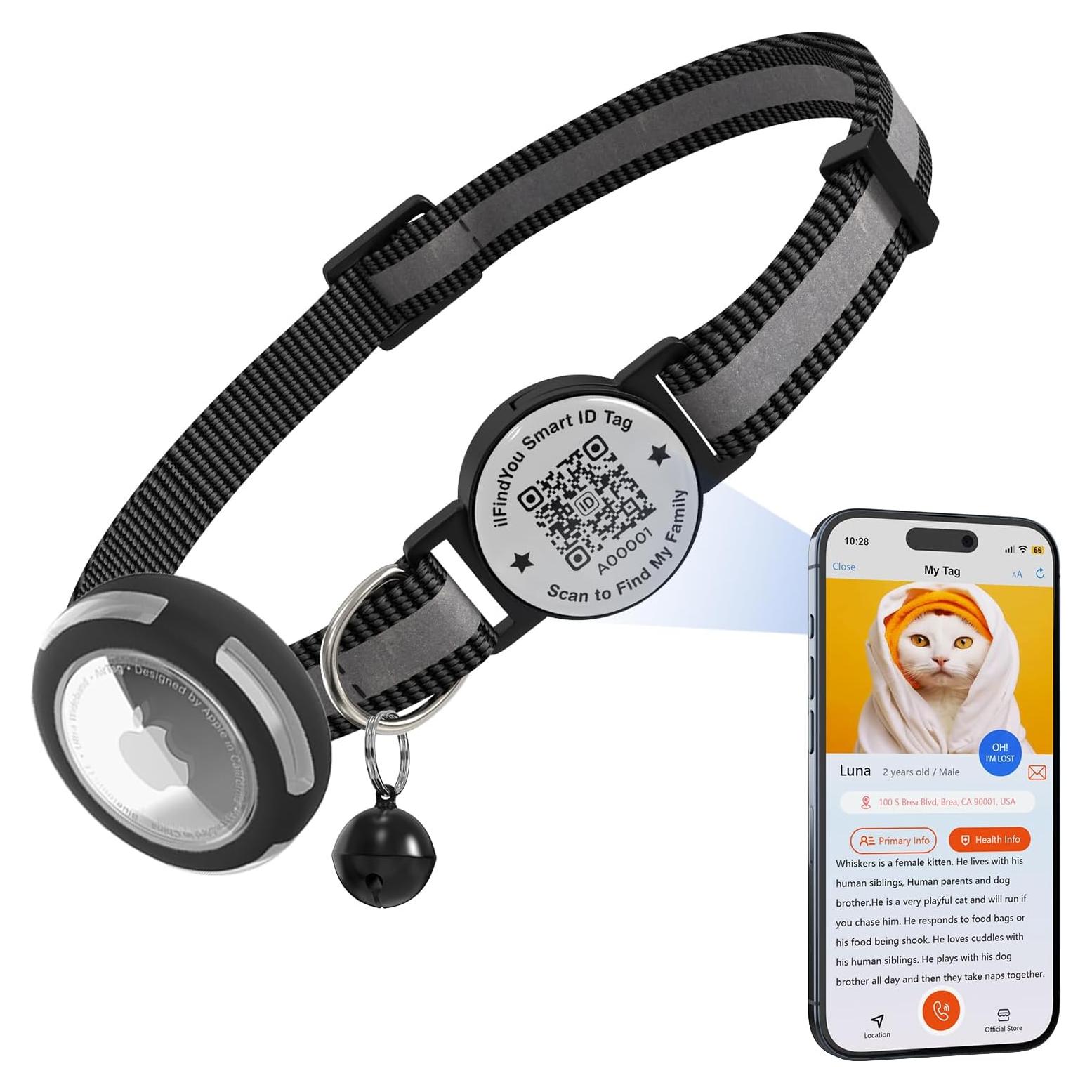 Collar para Gato AirTag ILFINDYOU Negro Ajustable Impermeable