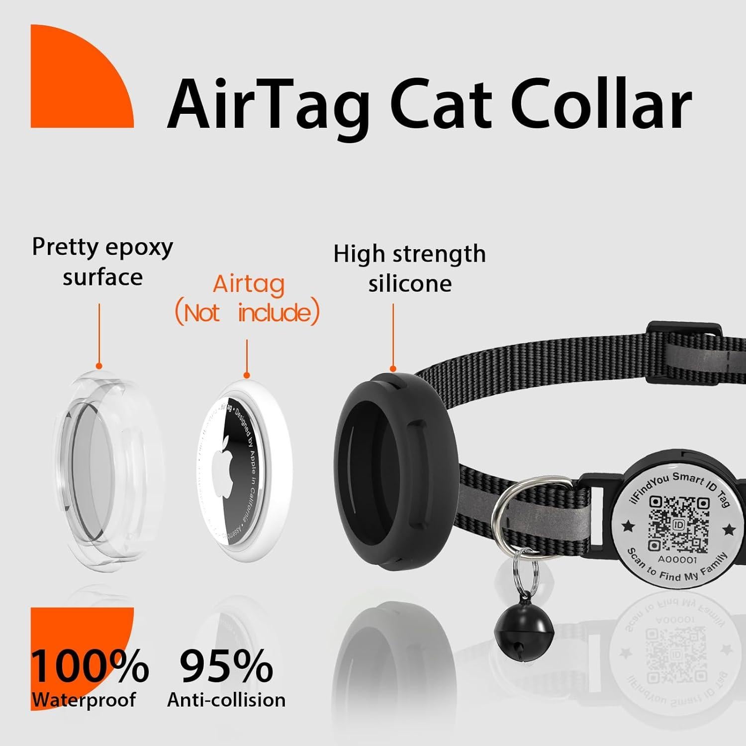 Collar para Gato AirTag ILFINDYOU Negro Ajustable Impermeable
