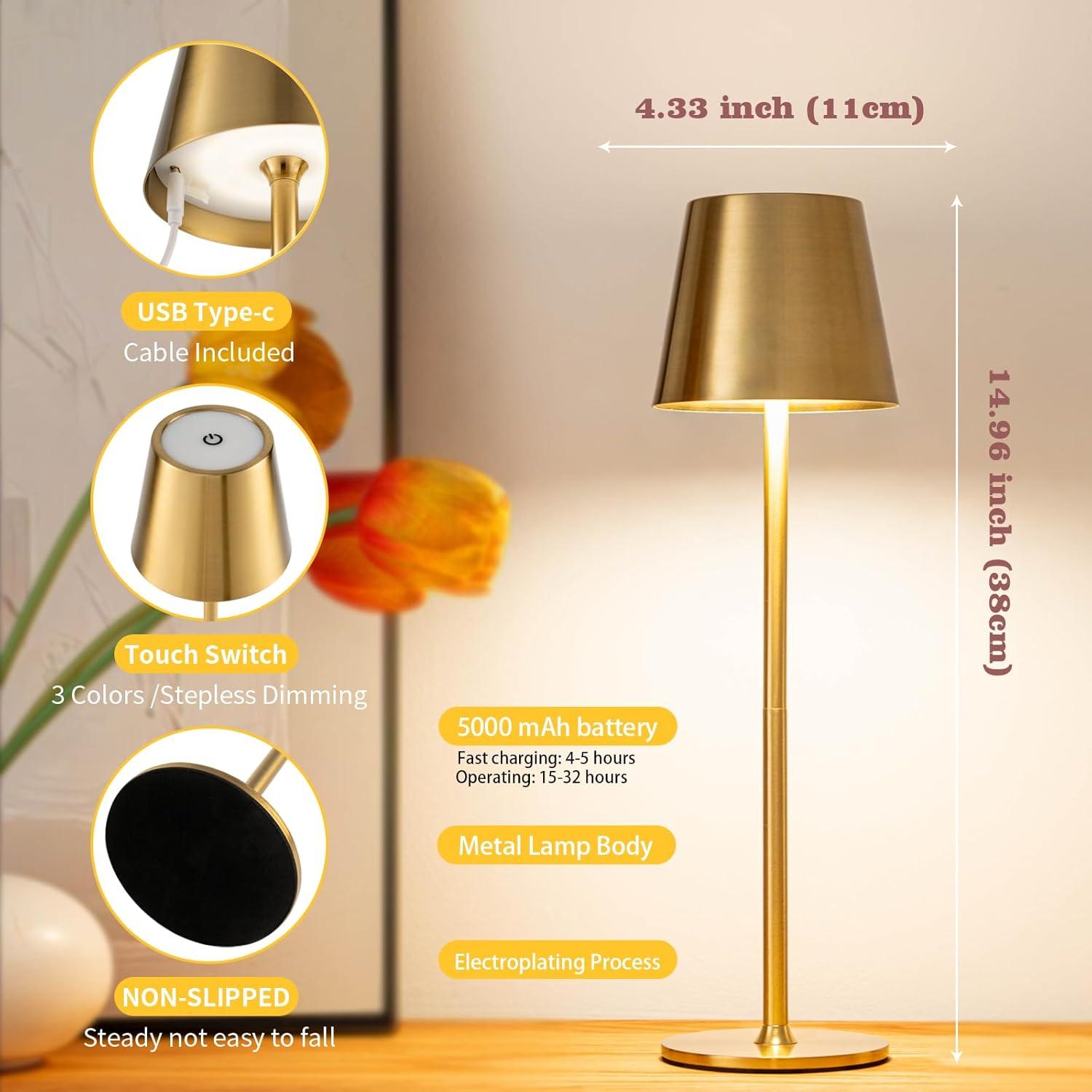 Lámpara de Mesa Recargable Dorada 5000mAh Regulable LED