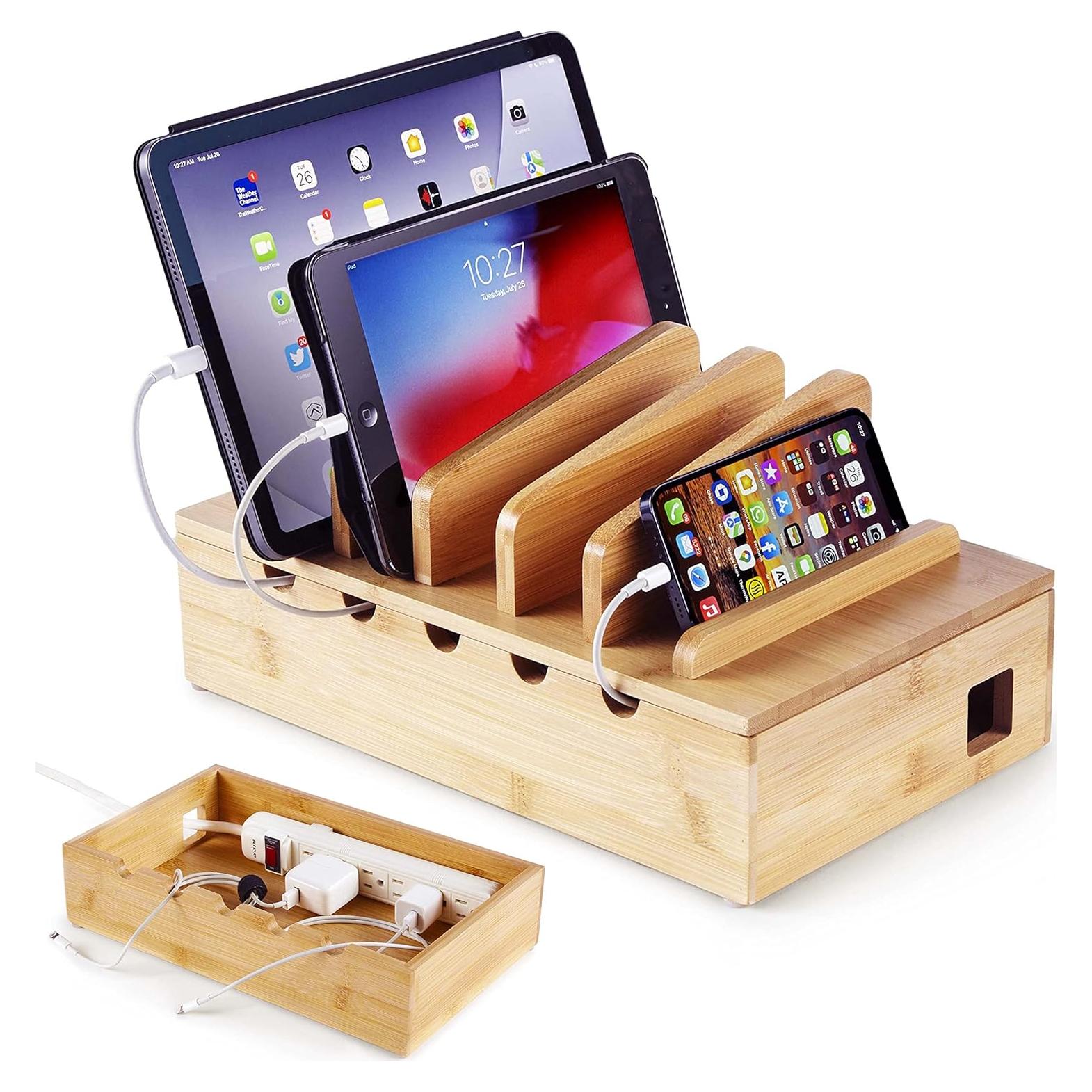 Estación de Carga de Madera Bambú Innovaciones Modernas 5 Dispositivos