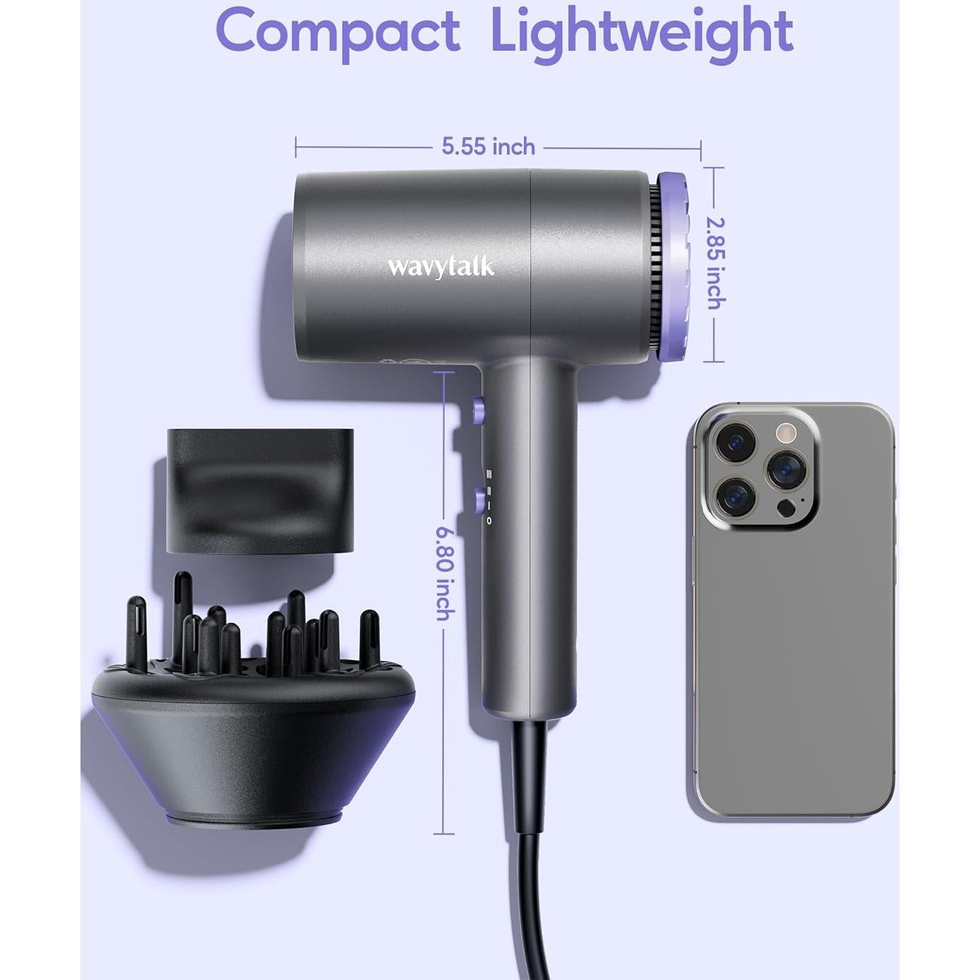 Secador de Pelo Wavytalk 1875W Iónico con Difusor y Boquilla