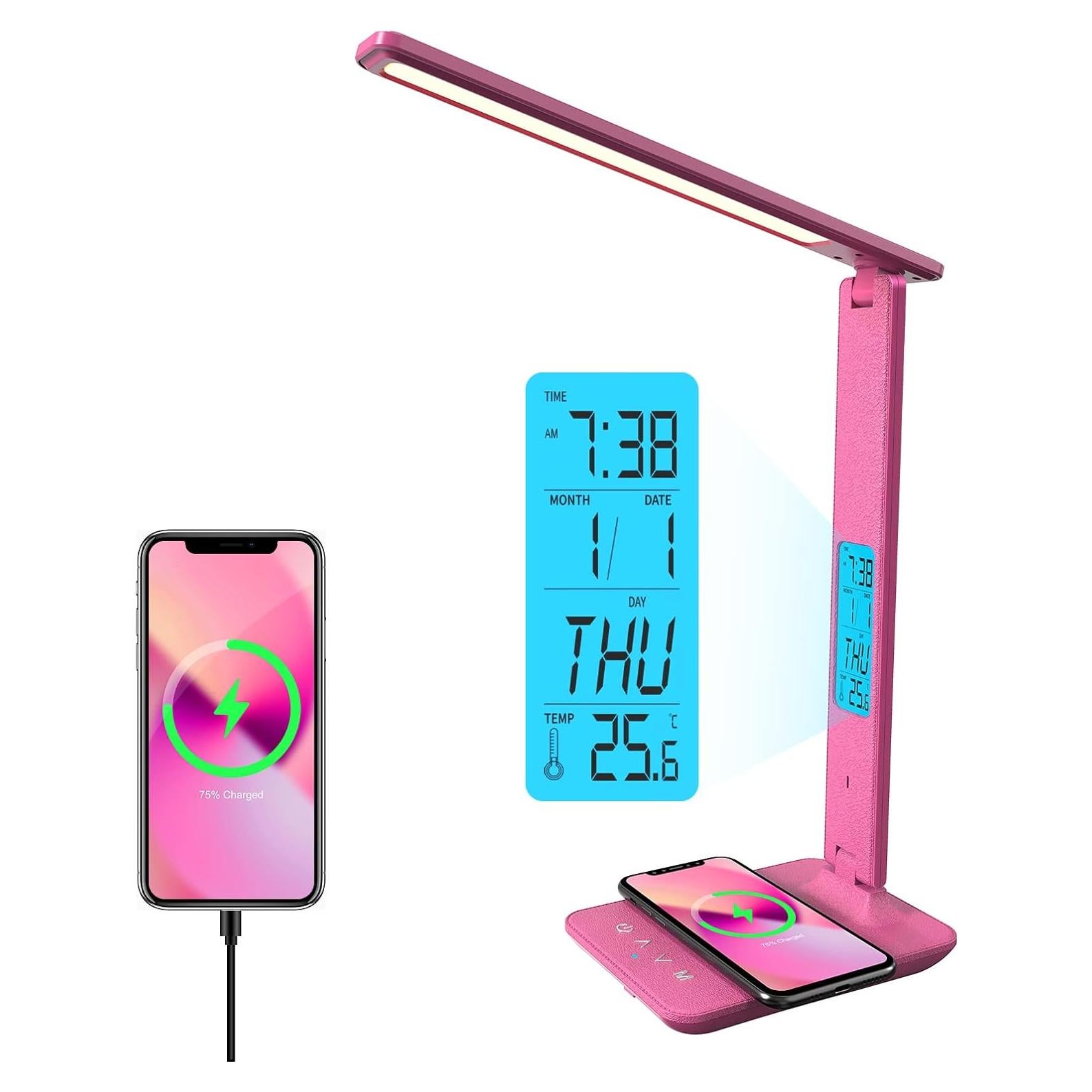 Lámpara de Escritorio LED Poukaran con Cargador Inalámbrico Rosa