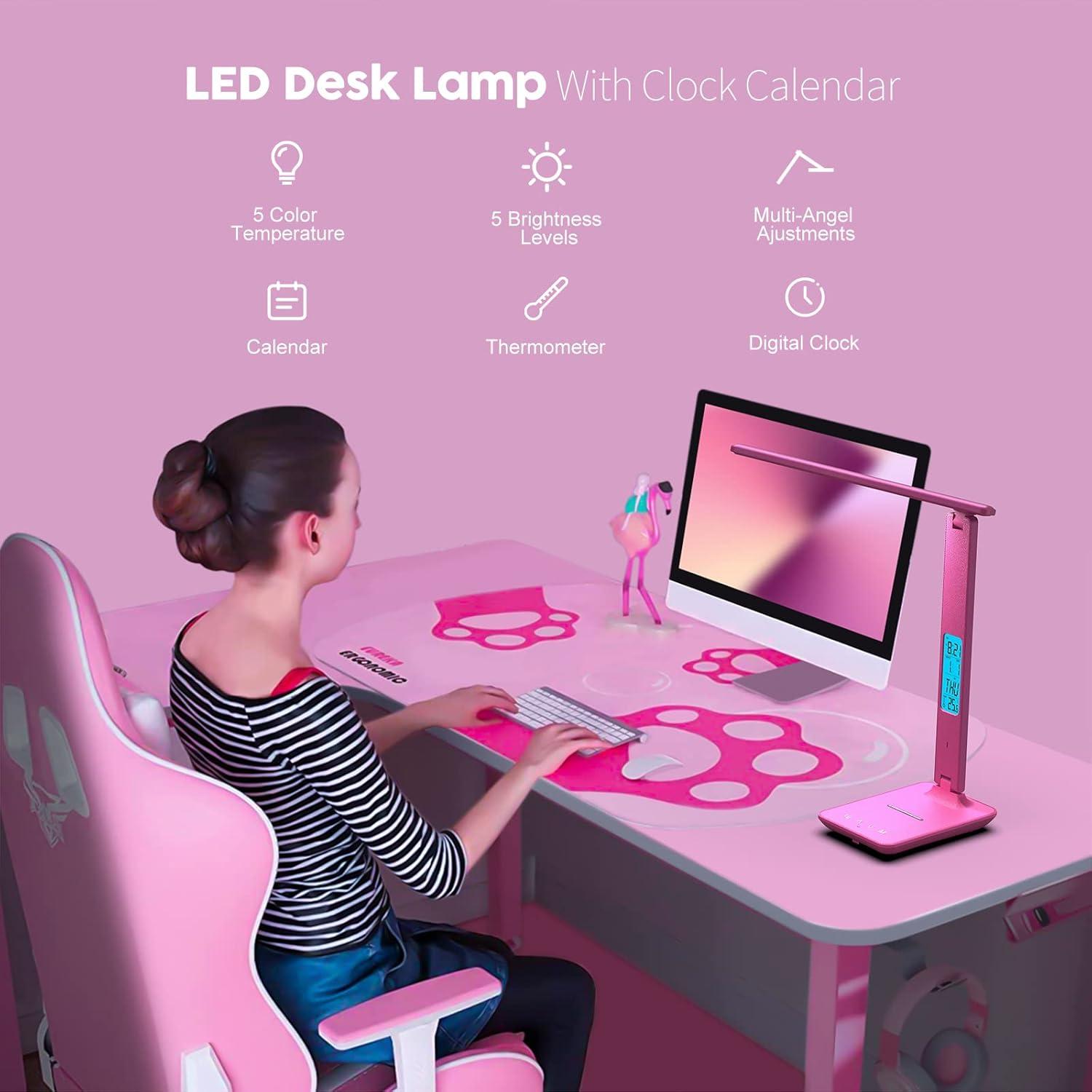 Lámpara de Escritorio LED Poukaran con Cargador Inalámbrico Rosa