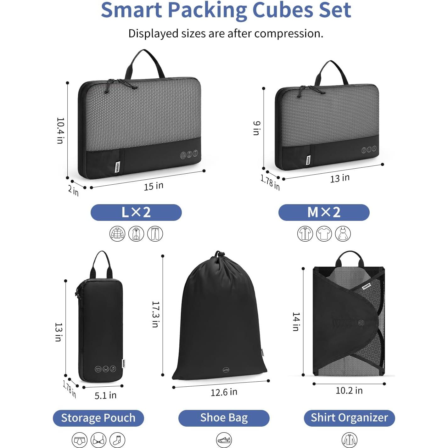 Set de Cubos de Compresión WANDF 7 Piezas para Viajes Negro