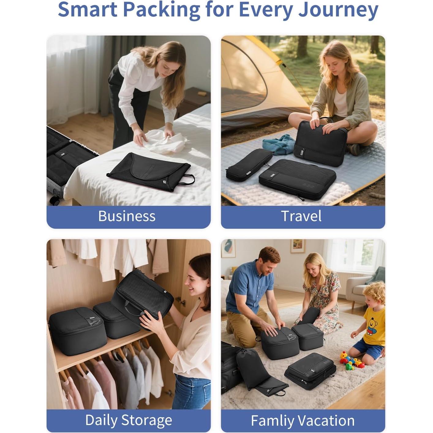 Set de Cubos de Compresión WANDF 7 Piezas para Viajes Negro