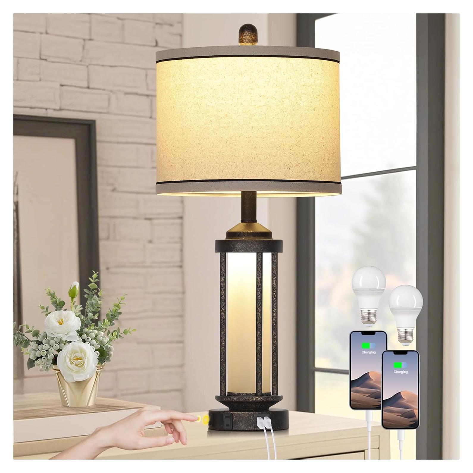 Lámpara de Mesa Industrial LOLIKIT Bronce con Carga USB y LED