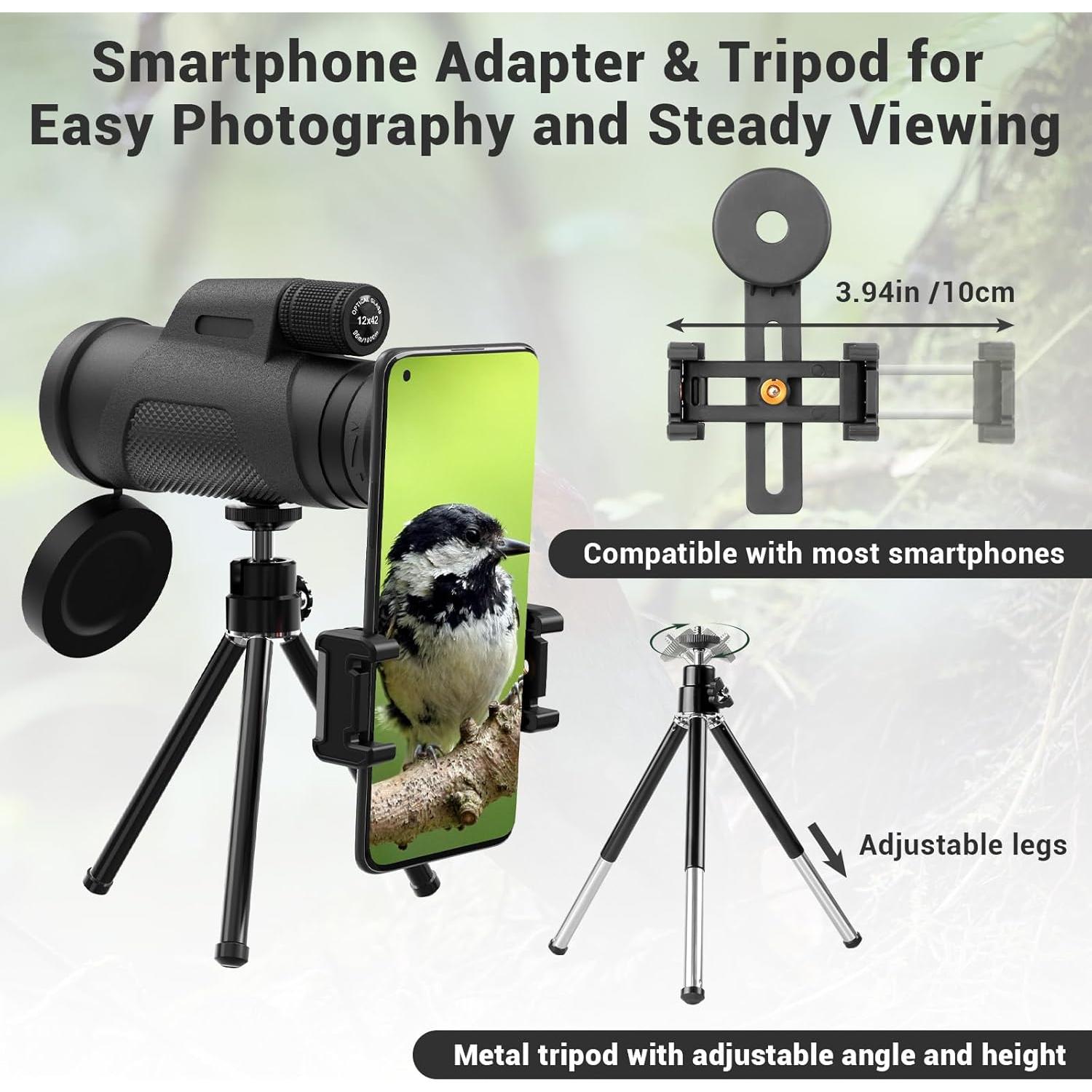 Telescopio Monocular 12x42 AMITHER con Adaptador para Smartphone