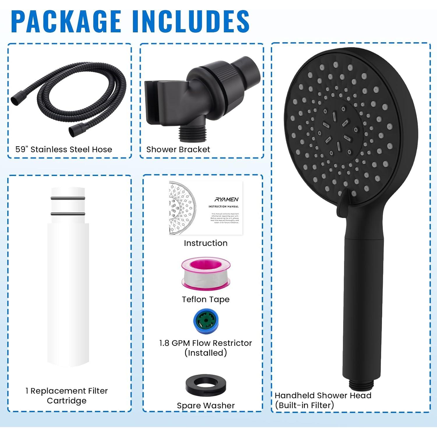 Cabezal de Ducha Filtrado Ryamen Alta Presión 9 Modos Negro
