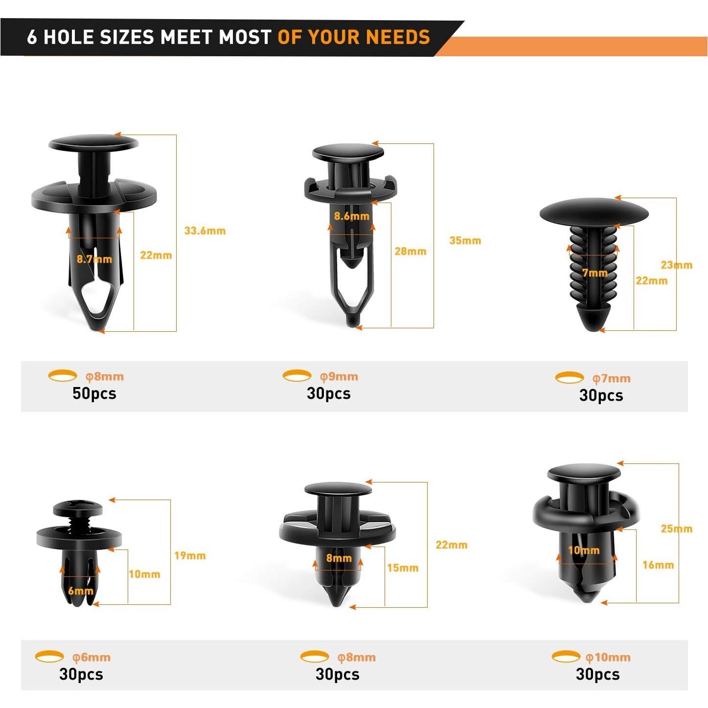 GOOACC GRC-47 Clips de Parachoques Universal 200 Pcs 6 Tamaños