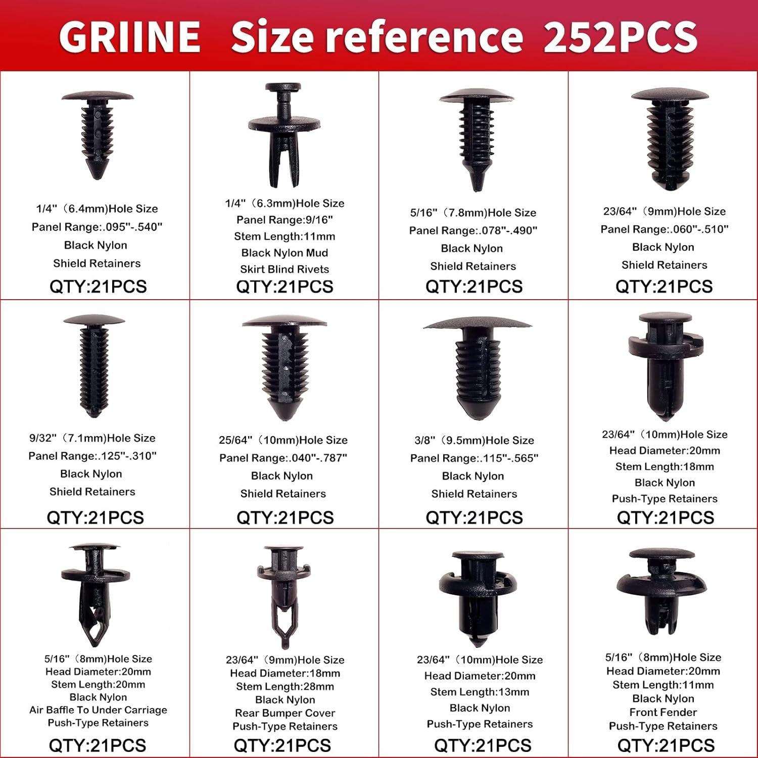 Kit de 252 Clips de Retención Griine para Automóviles