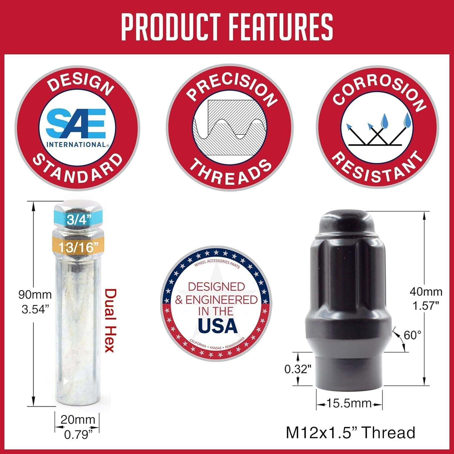 Tuercas de Rueda 24 Pcs M12x1.5 Negras ET Bulge Acorn