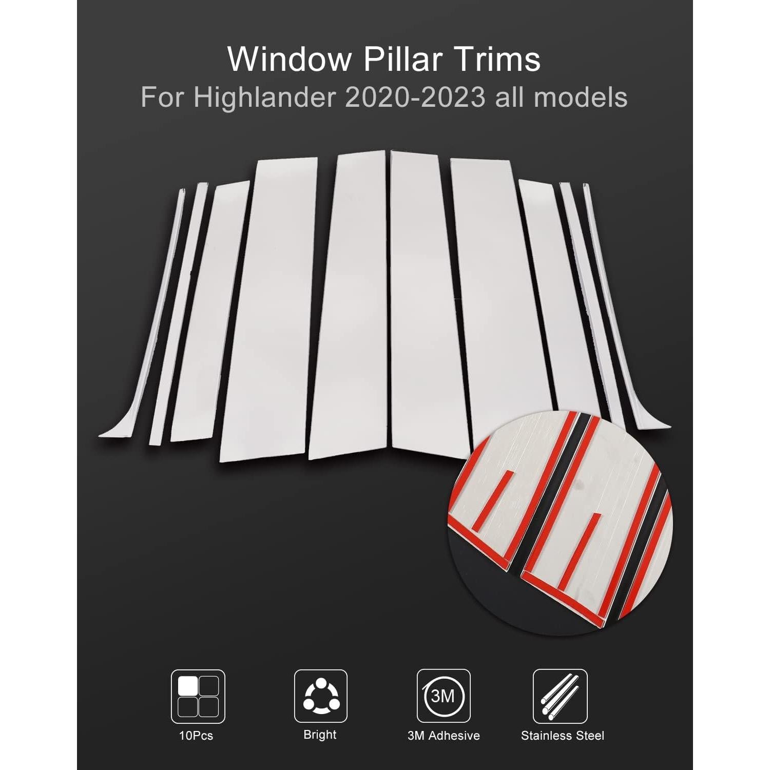 10 PCS Molduras de Pilar de Ventana YAKANEY para Toyota Highlander 2020-2025