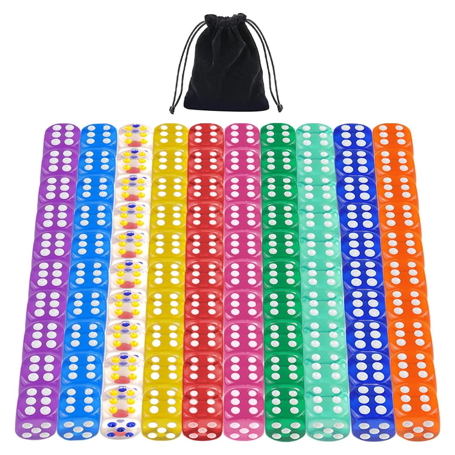 Juego de Dados Acrílicos 100 Piezas 16mm 10 Colores