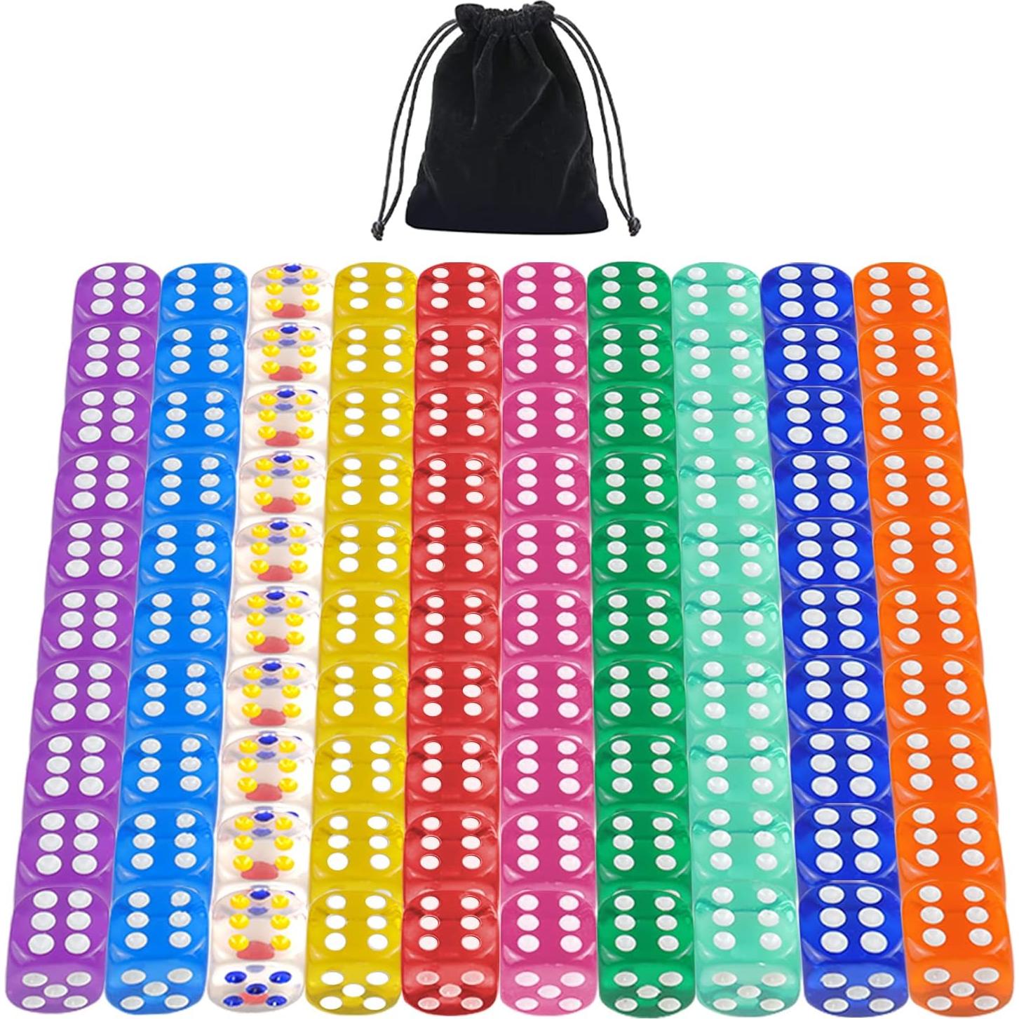 Juego de Dados Acrílicos 100 Piezas 16mm 10 Colores