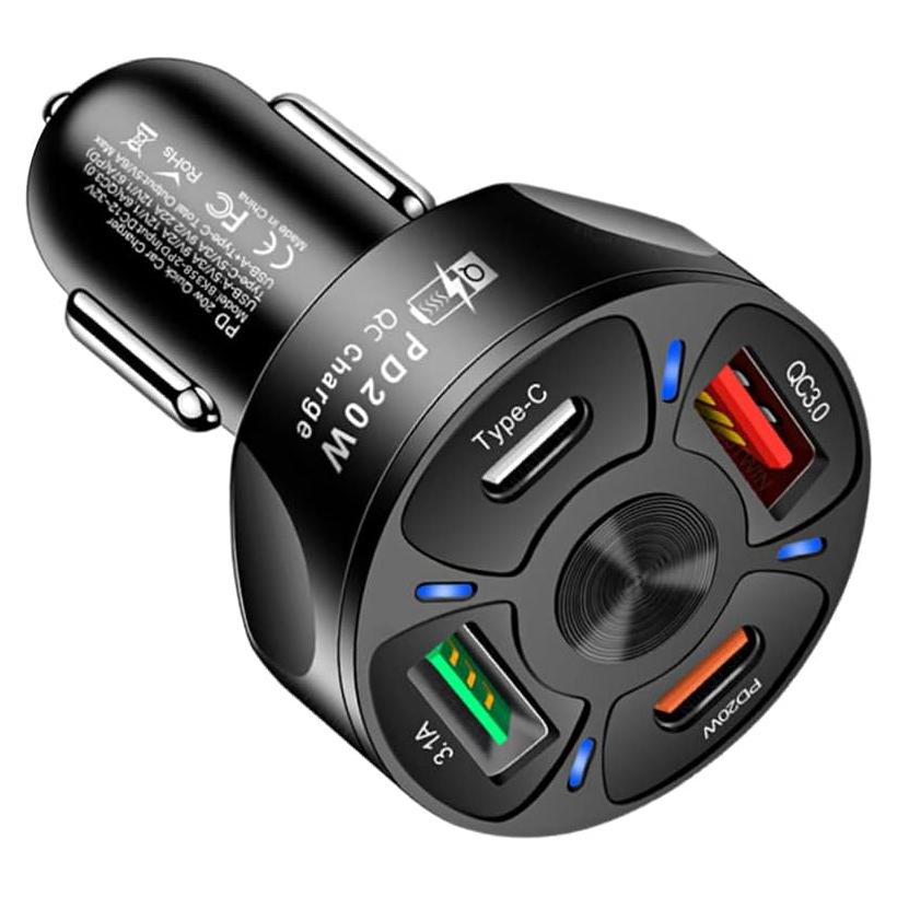 Cargador de Coche Turcee 4 Puertos USB QC3.0 20W Negro