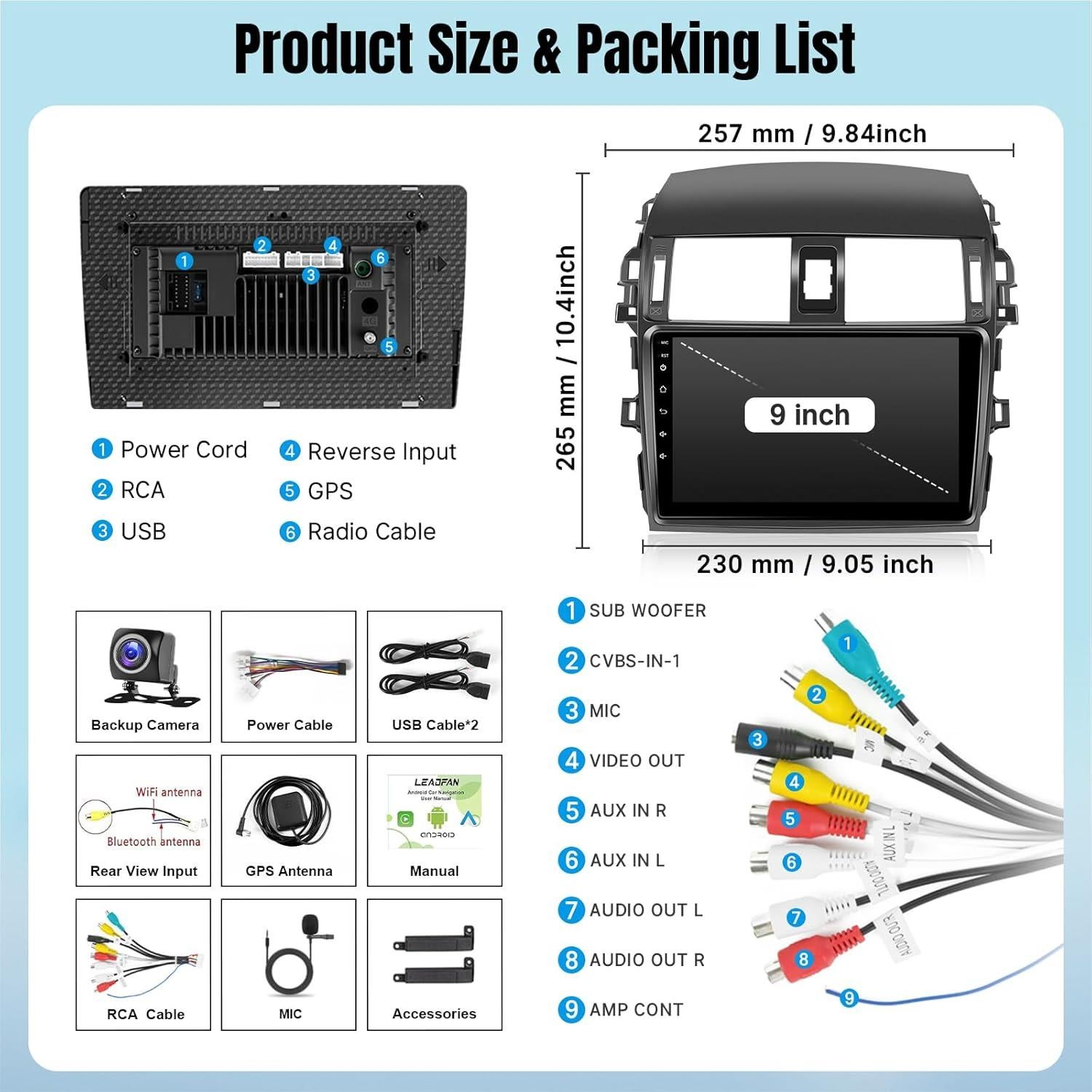 Radio de Coche Leadfan Android 9" para Toyota Corolla 2009-2013