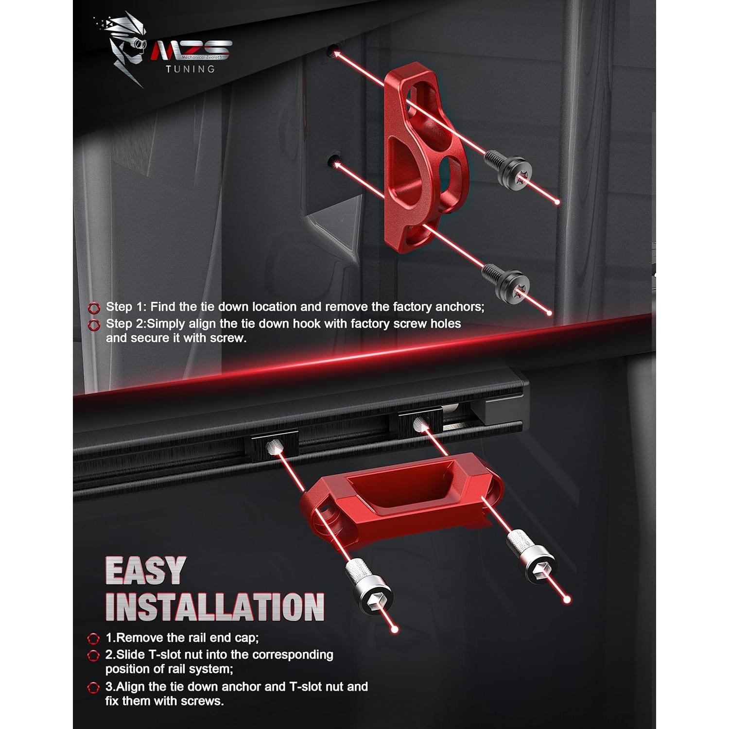 Ganchos de Amarre MZS para Cama de Camioneta Tacoma Tundra Rojo