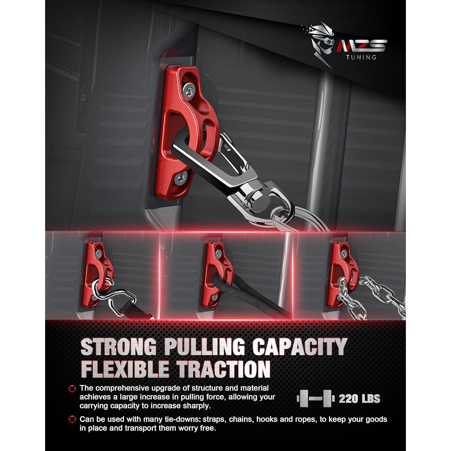 Ganchos de Amarre MZS para Cama de Camioneta Tacoma Tundra Rojo