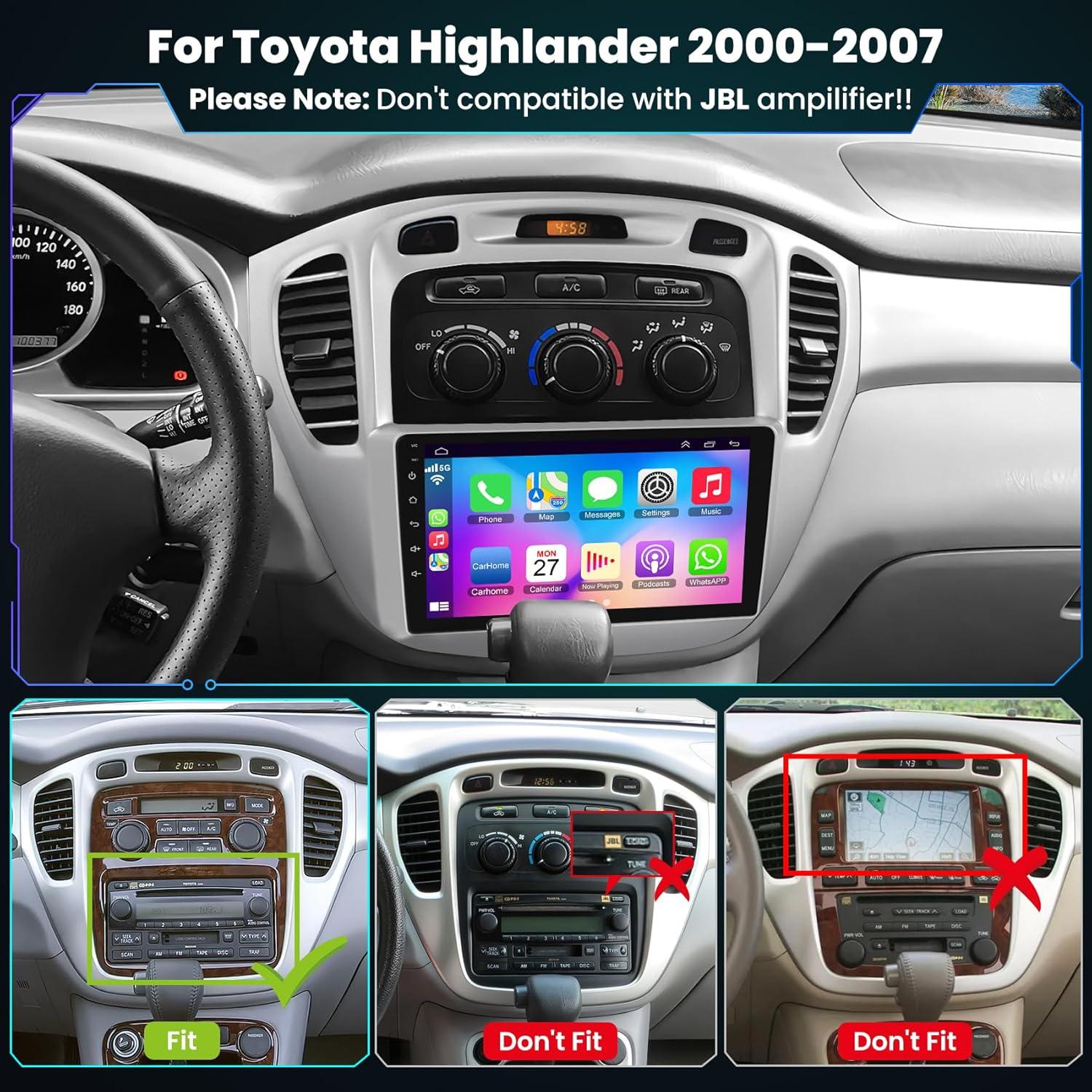 Car Radio for Toyota Highlander 2000-2007 Head Unit with Wireless Carplay&Android Auto,4+64GB 9 Inch Car Stereo with Voice Control GPS SWC FM DSP WiFi Bluetooth 5.2 Backup Camera Mirror Link