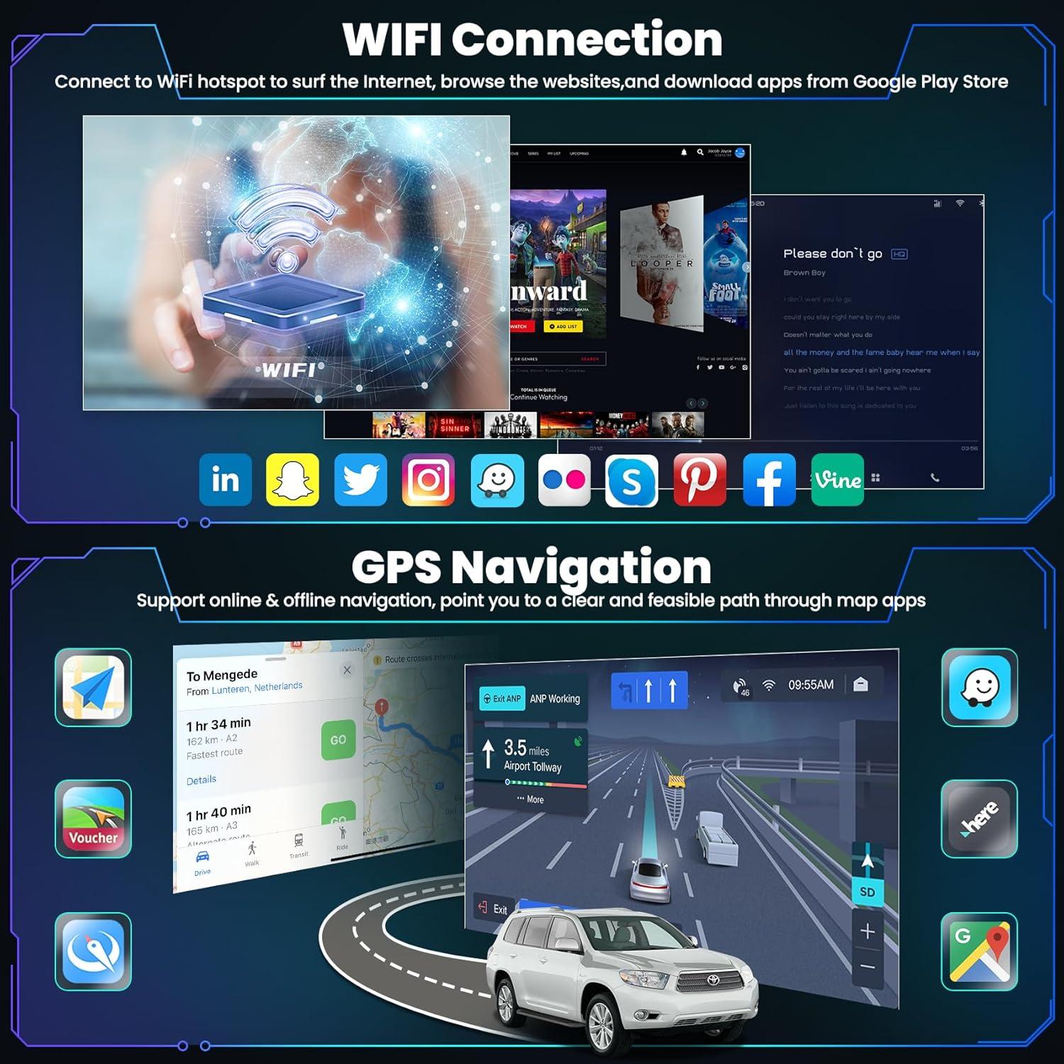 Car Radio for Toyota Highlander 2000-2007 Head Unit with Wireless Carplay&Android Auto,4+64GB 9 Inch Car Stereo with Voice Control GPS SWC FM DSP WiFi Bluetooth 5.2 Backup Camera Mirror Link