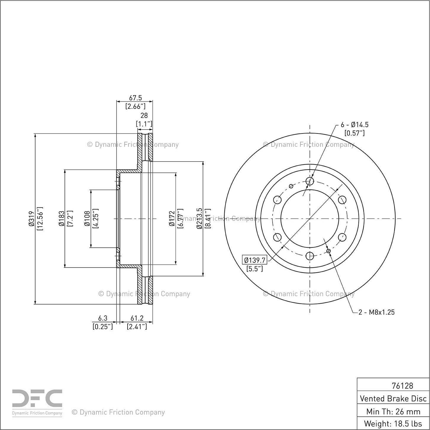 Rotor de Freno Delantero Recubierto Dynamic Friction 604-76128 para Toyota