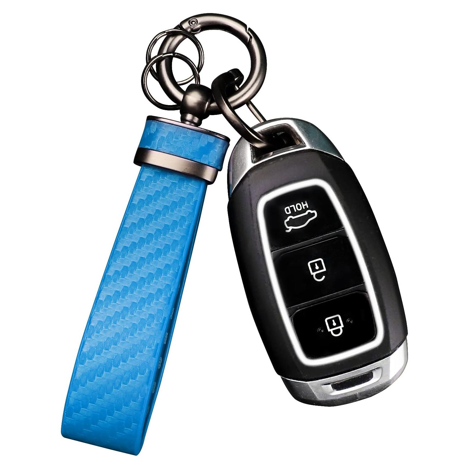 Llavero de coche Turcee de cuero y fibra de carbono azul