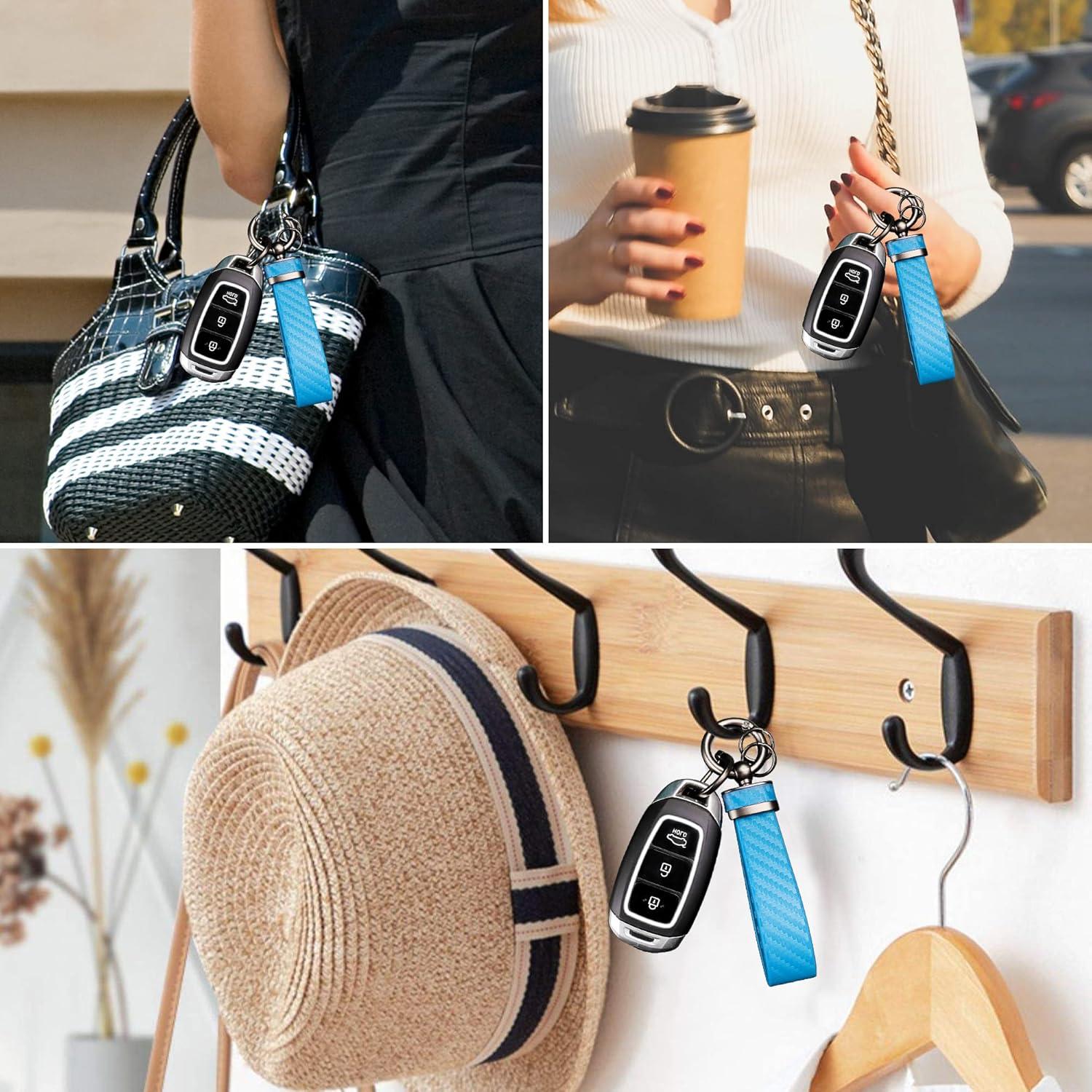 Llavero de coche Turcee de cuero y fibra de carbono azul