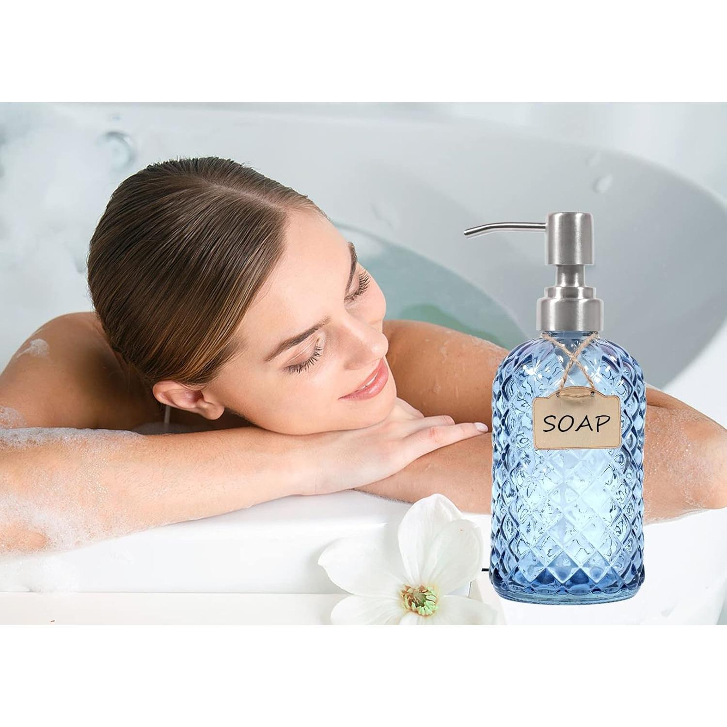 Dispensador de Jabón de Vidrio Azul Funly mee 473 ml Acero Inoxidable