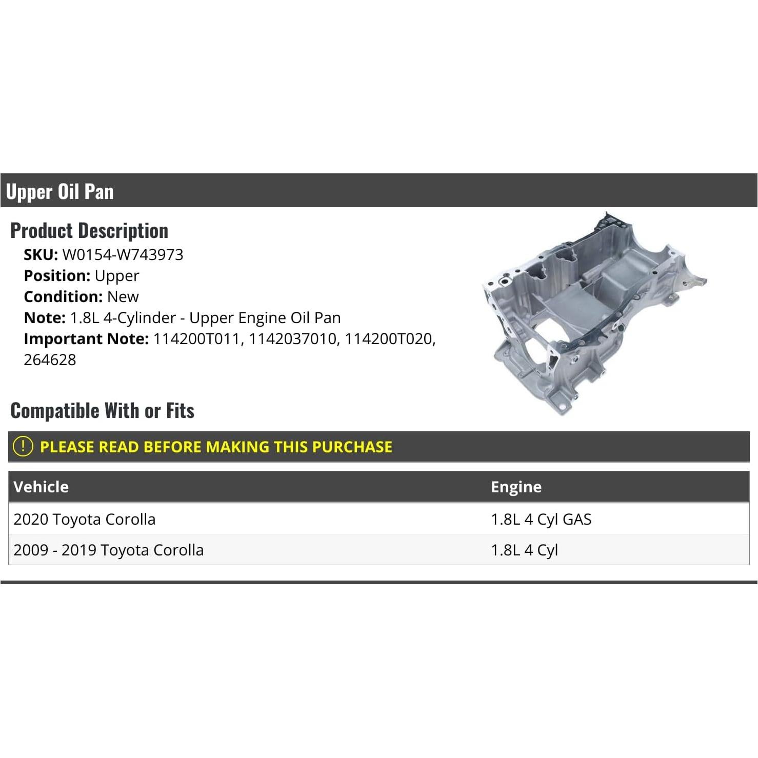 Cárter de Aceite Superior Motor Toyota Corolla 2009-2020 1.8L