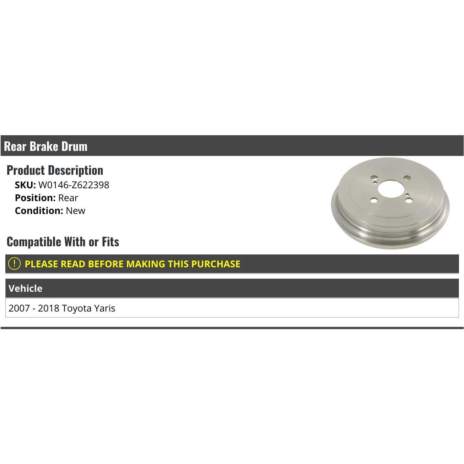 Tambor de Freno Trasero Marketplace Auto Parts Toyota Yaris 2007-2018