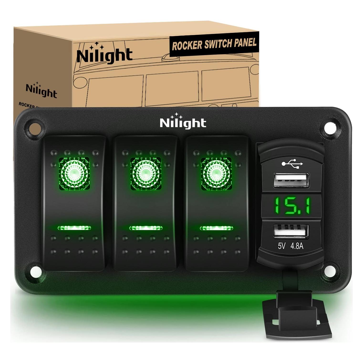 Panel de Interruptores Rocker Nilight 3 Gang con Cargador USB 4.8A