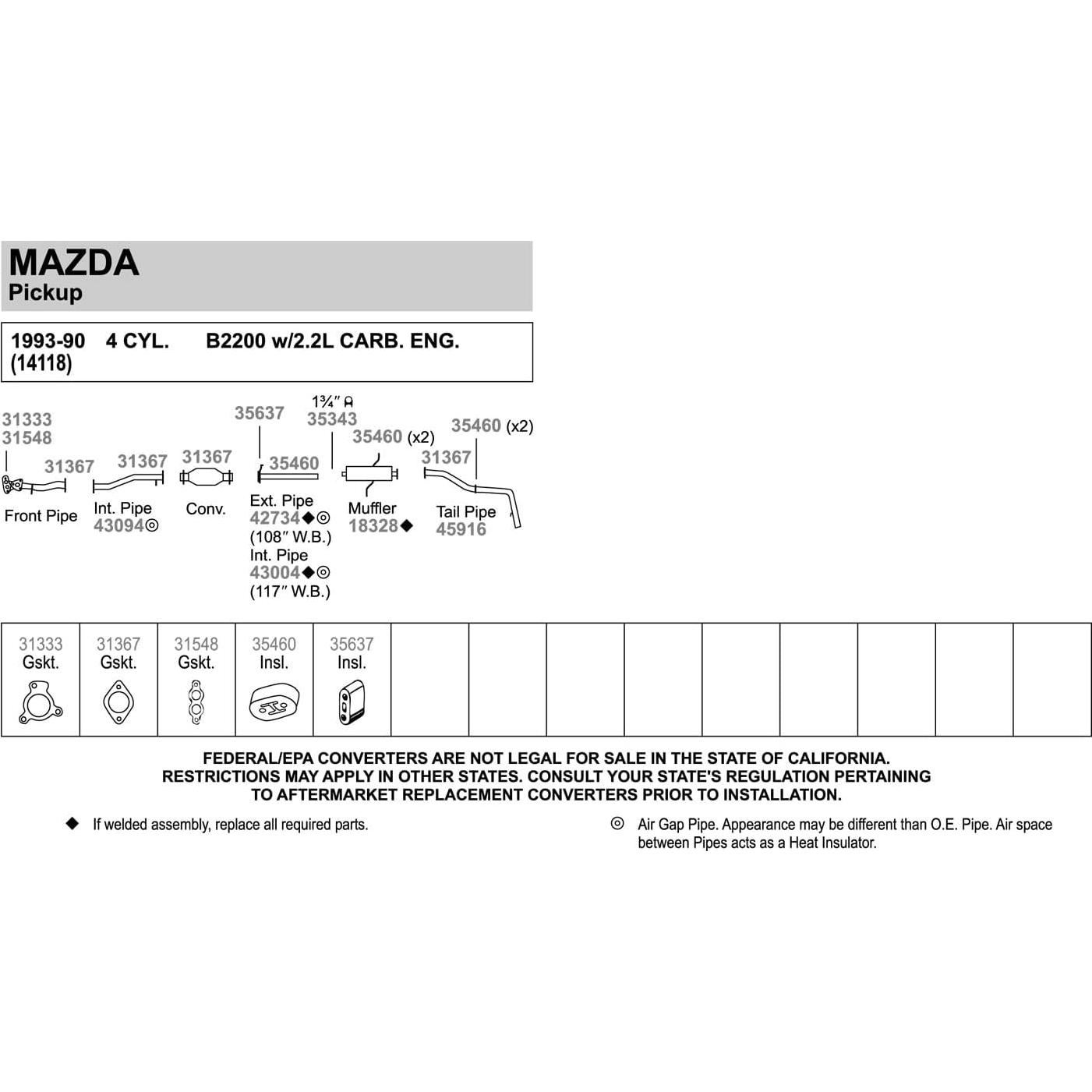 Tubo de escape Walker 43094 para Mazda B2000/B2200 1986-1993