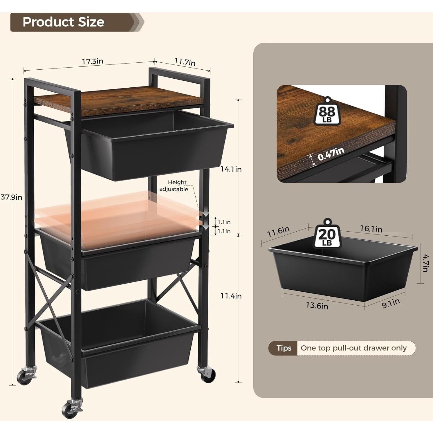 Carro de Almacenamiento Rodante Time Forest 3 Niveles Negro