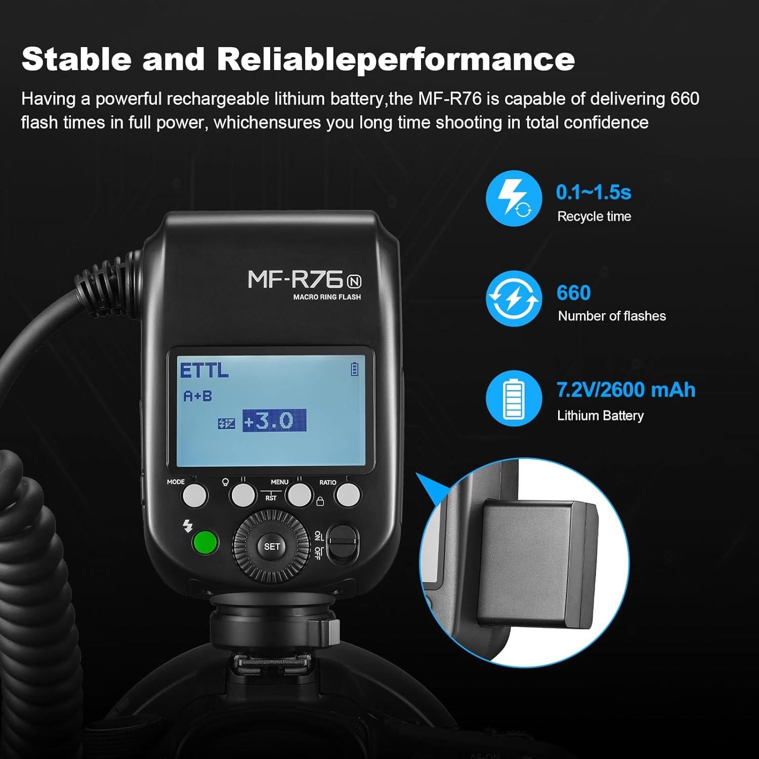 Flash Macro de Anillo GODOX MF-R76N para Nikon TTL 76Ws