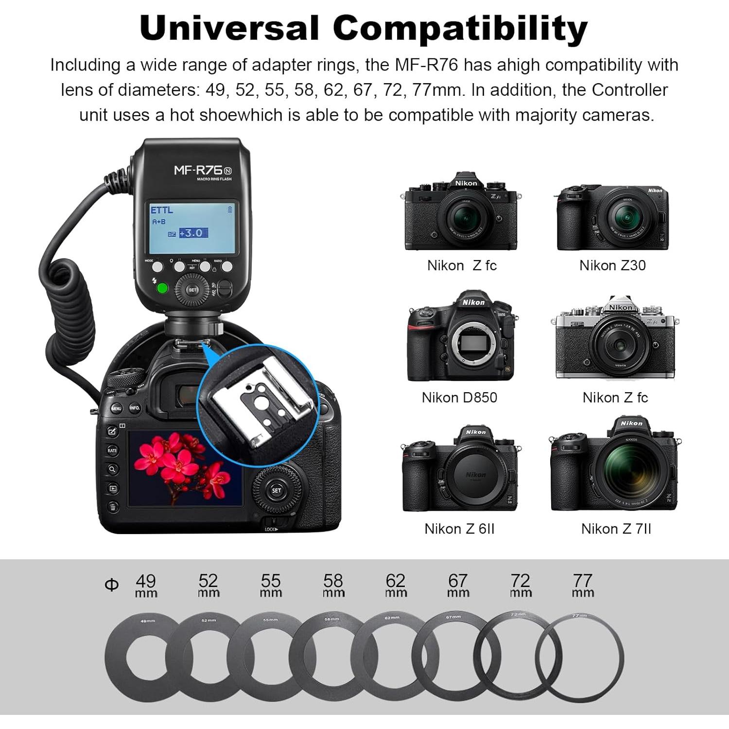 Flash Macro de Anillo GODOX MF-R76N para Nikon TTL 76Ws