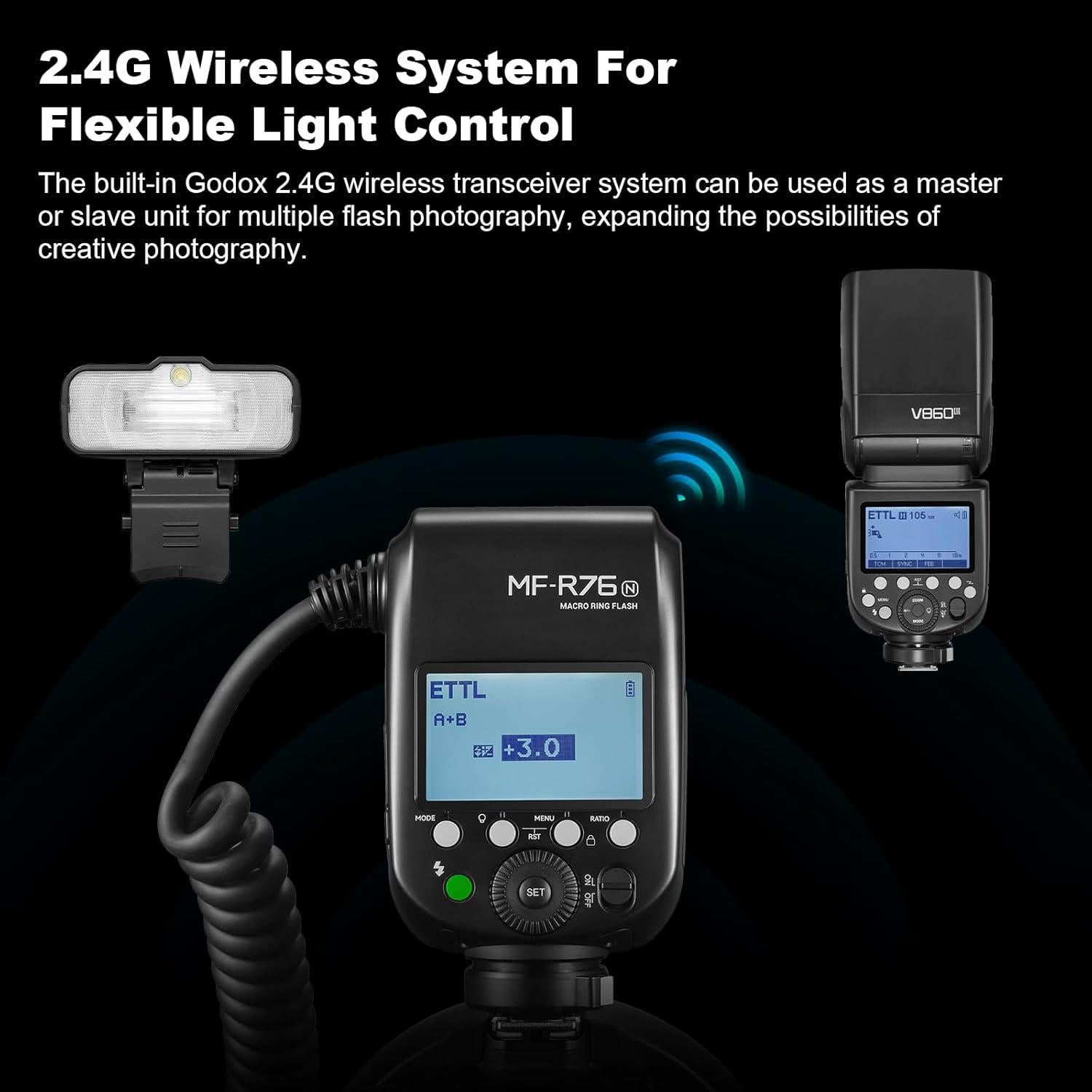 Flash Macro de Anillo GODOX MF-R76N para Nikon TTL 76Ws