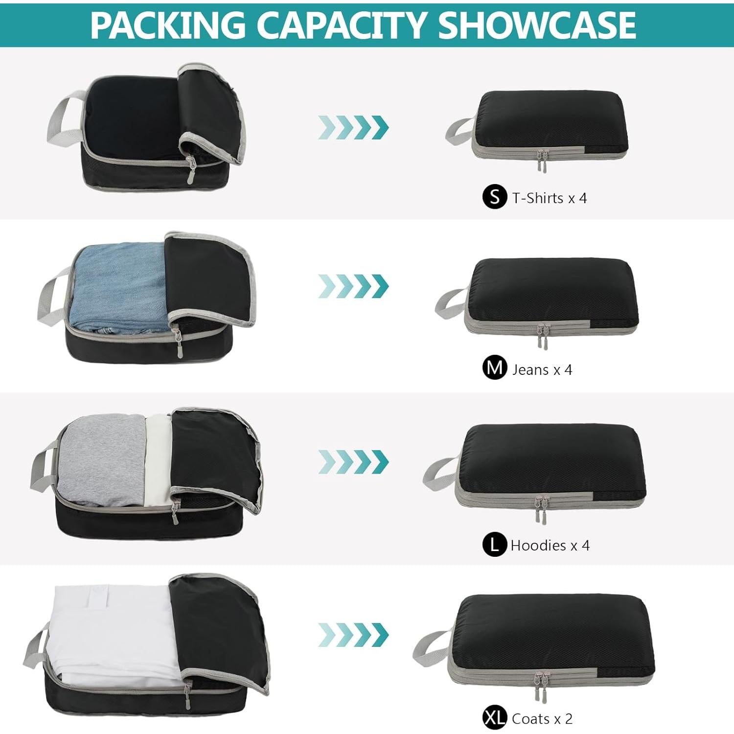 Cubos de Compresión SWEHOMLOL para Viajes - 4 Piezas, Negro