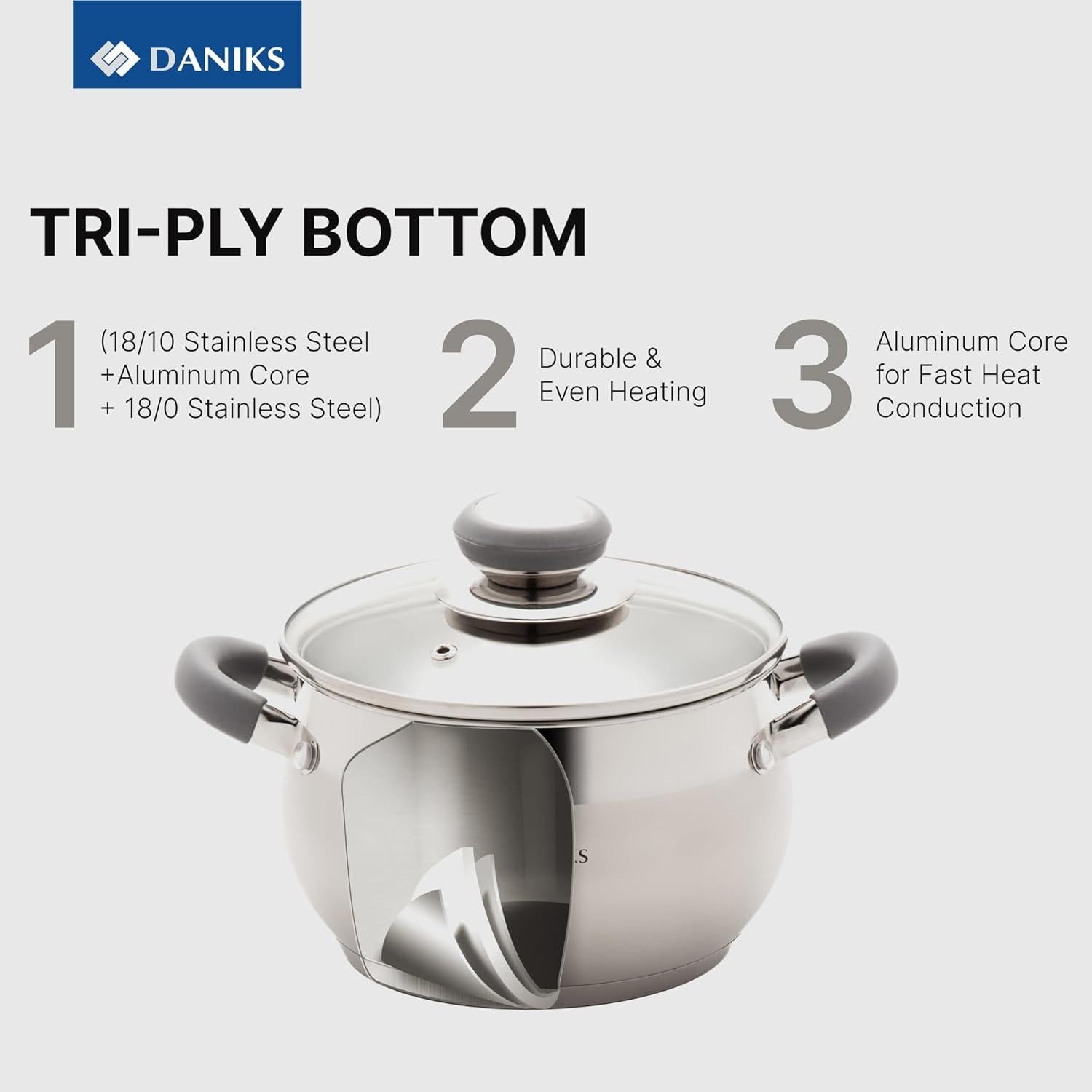Olla de Acero Inoxidable Daniks 2 Cuartos con Tapa de Vidrio