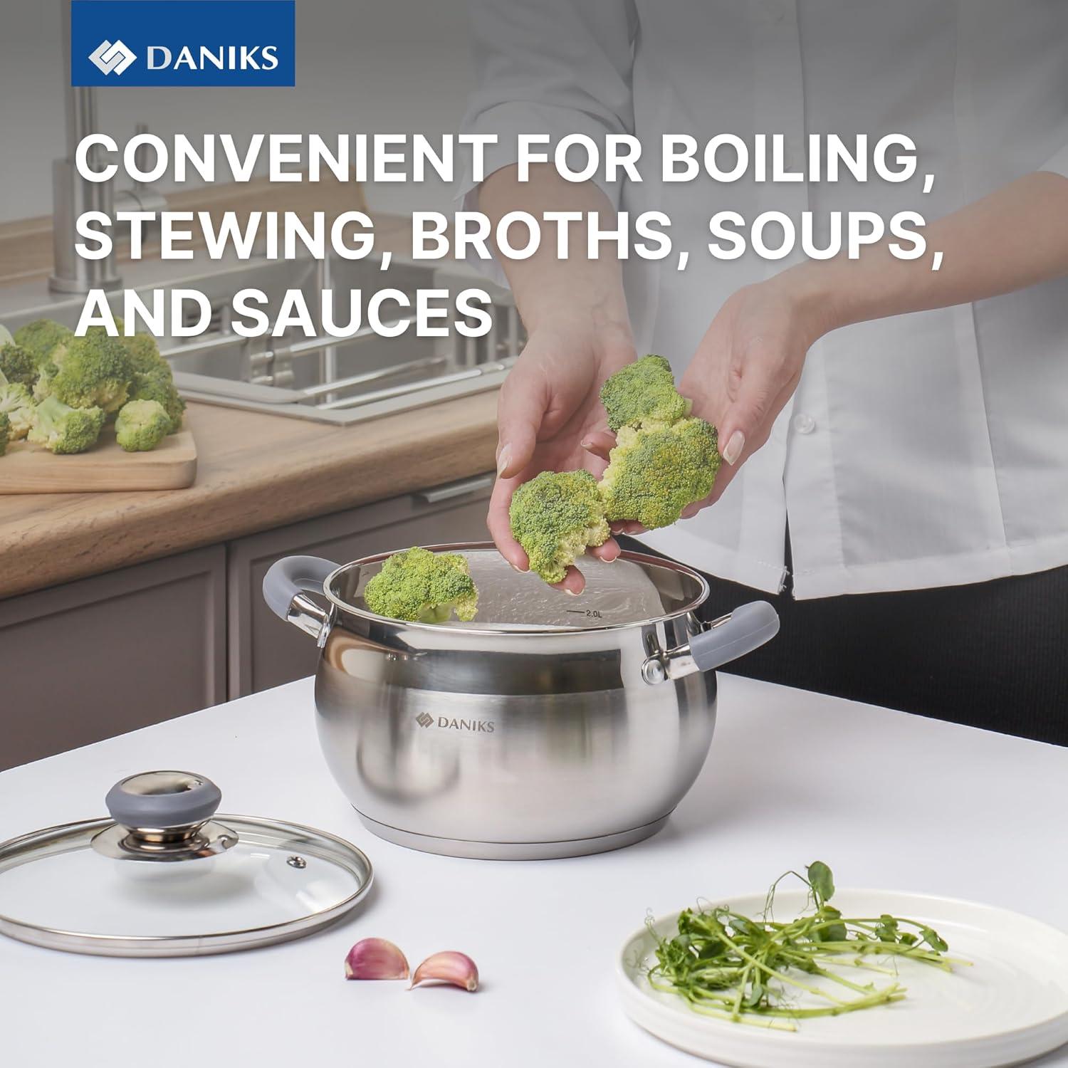 Olla de Acero Inoxidable Daniks 2 Cuartos con Tapa de Vidrio