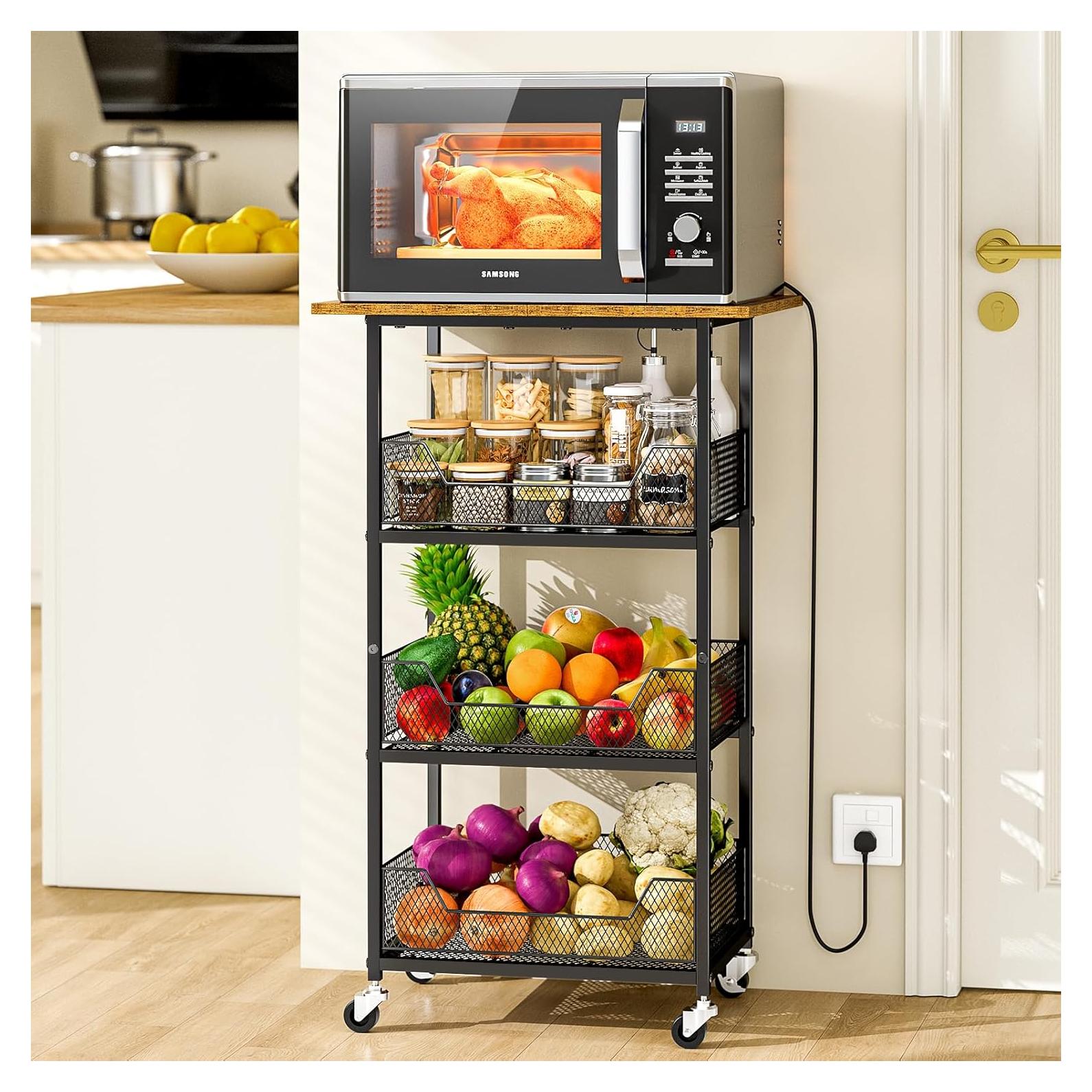 Carro de Microondas ThreeHio con 4 Niveles y Cestas Marrón