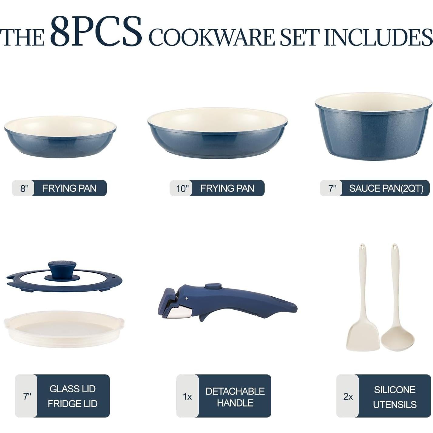 Juego de Utensilios de Cocina 8Pcs Coicur Cerámica Antiadherente Azul