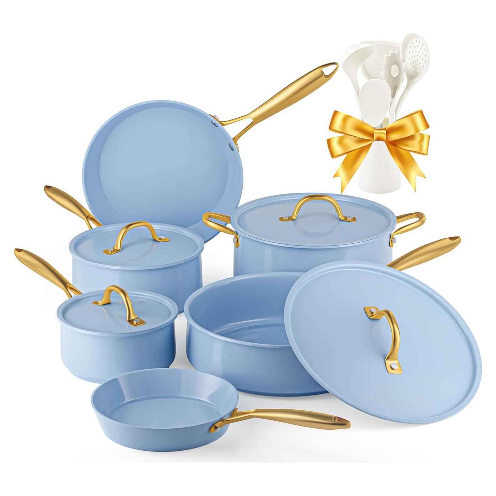 Juego de Ollas y Sartenes VONIKI 16 Piezas Cerámica Azul