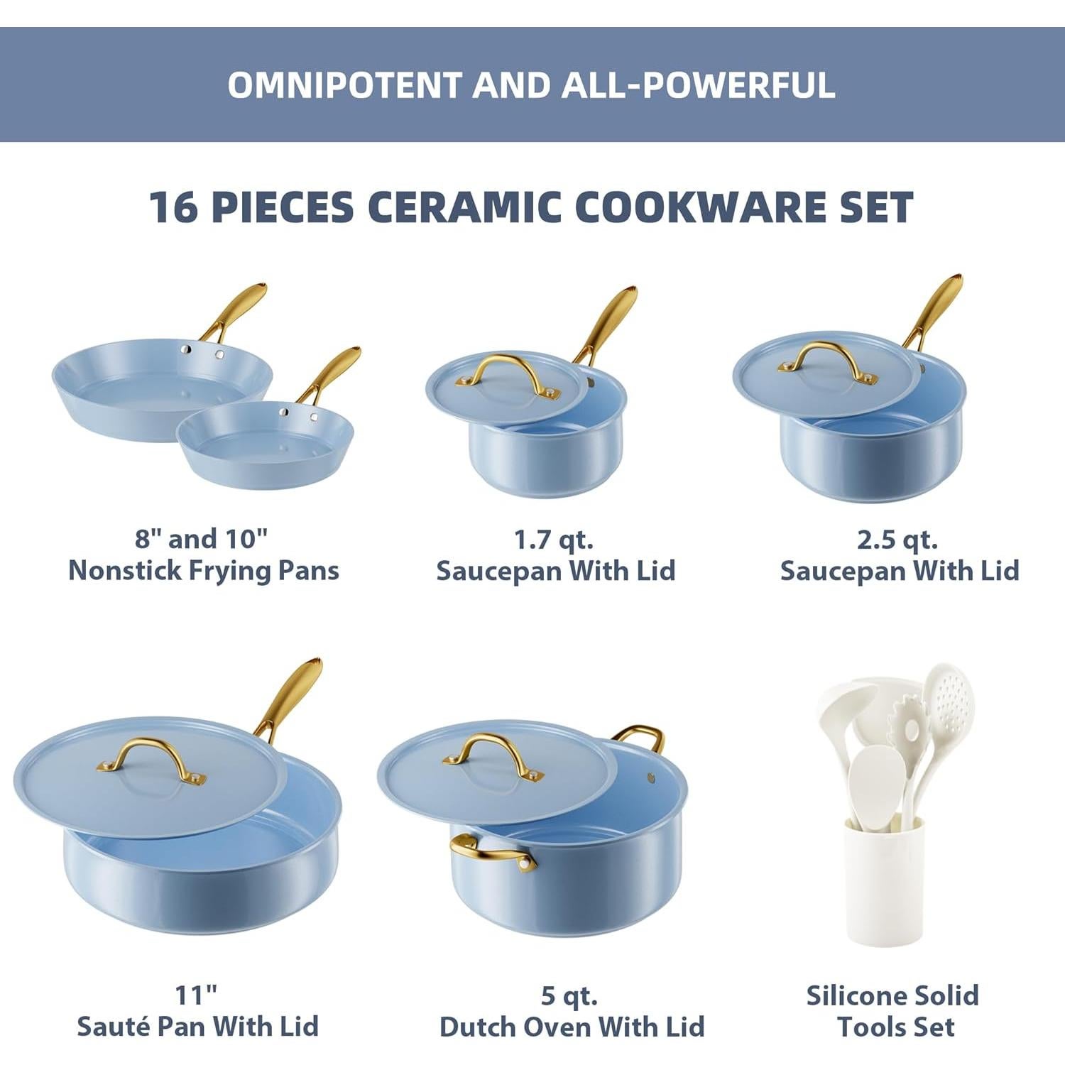 Juego de Ollas y Sartenes VONIKI 16 Piezas Cerámica Azul