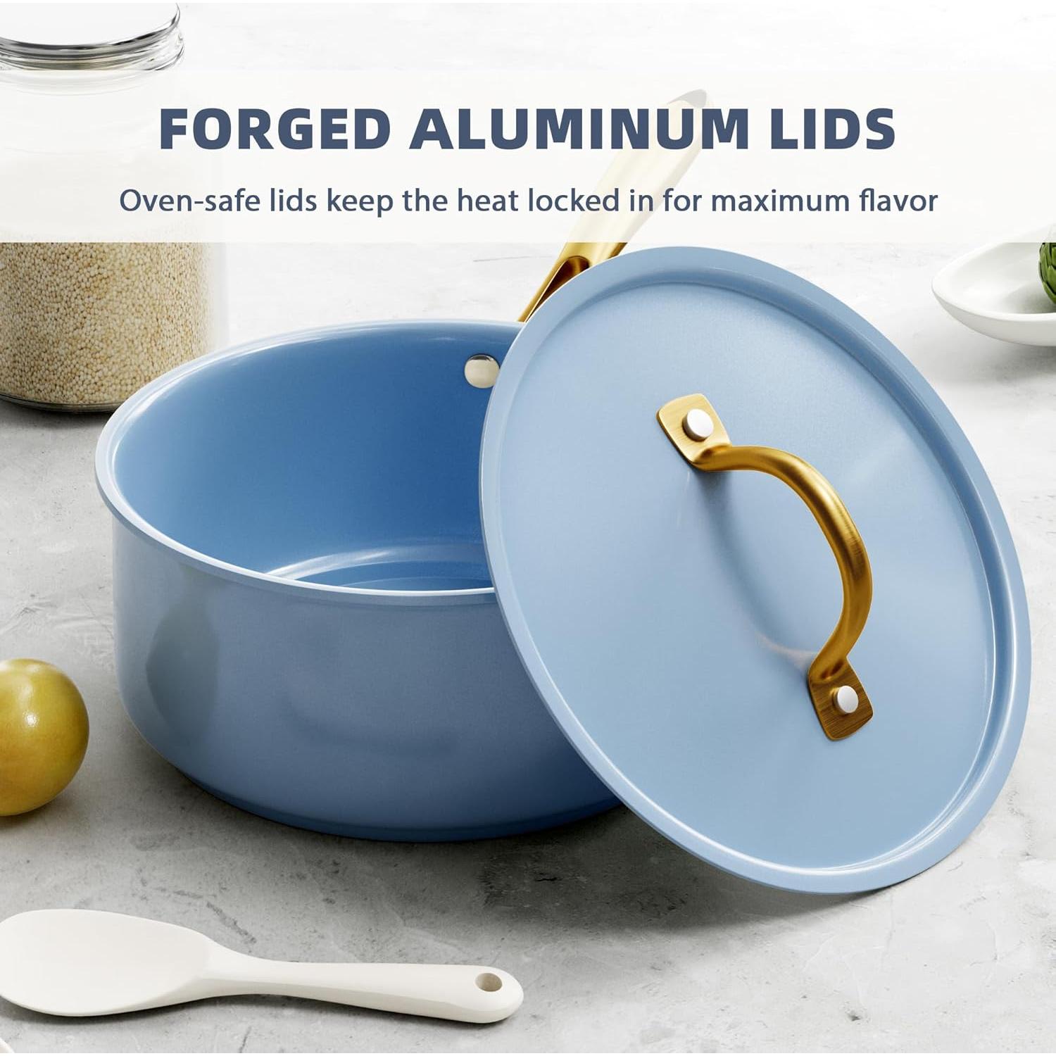 Juego de Ollas y Sartenes VONIKI 16 Piezas Cerámica Azul