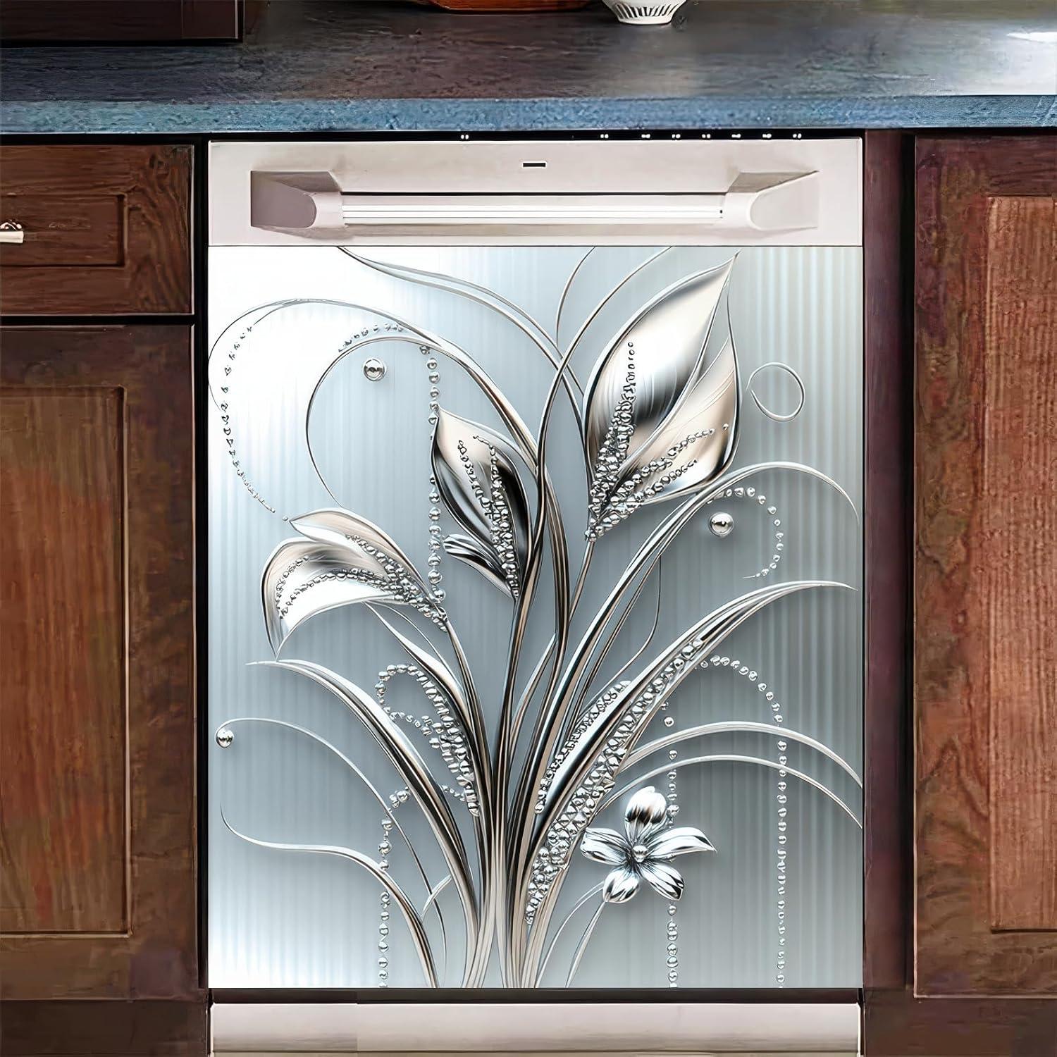 Cubierta Magnética para Lavavajillas BlissYard Floral Plateado 58x66 cm