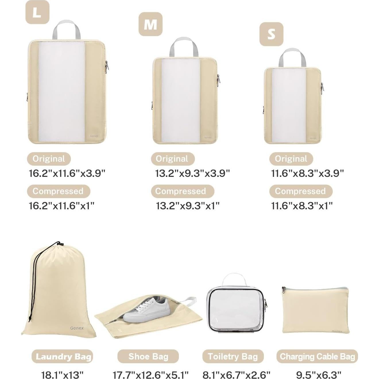 Gonex 8 Set Cubos de Empaque Beige - Organizador de Viaje