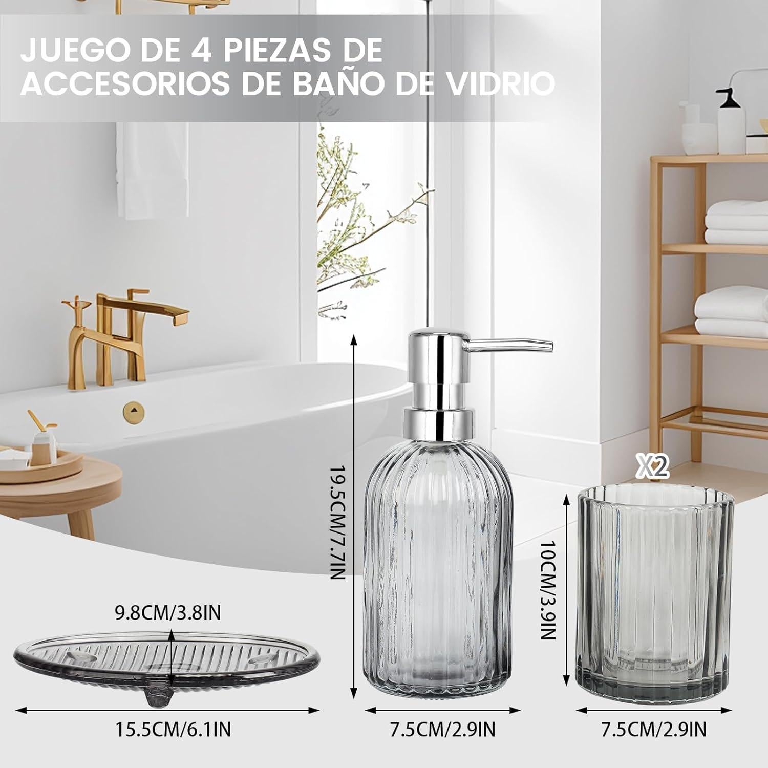 Juego de Accesorios de Baño de Vidrio Gris - 4 Piezas