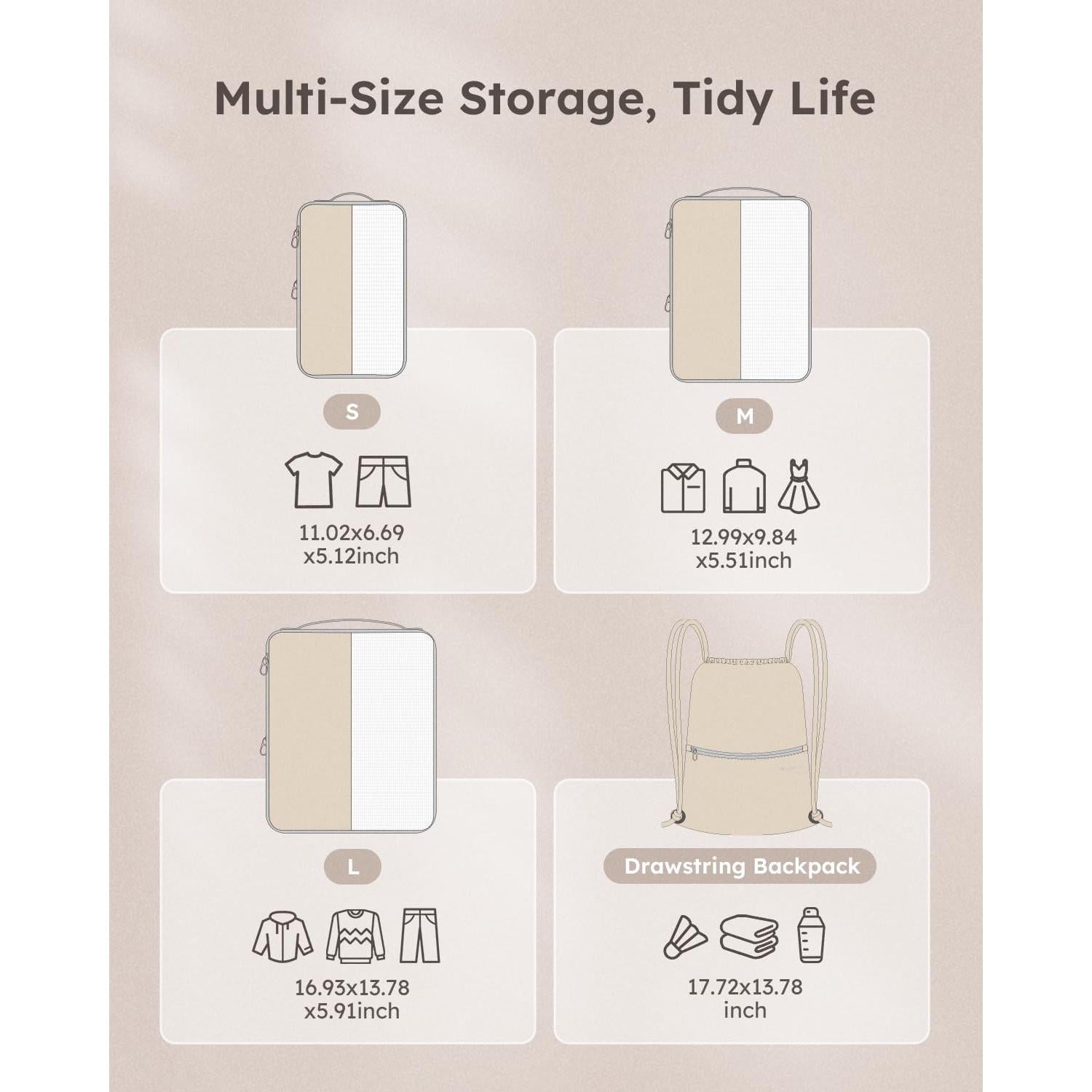 Set de 4 Cubos de Compresión Kookoomia Beige para Viaje