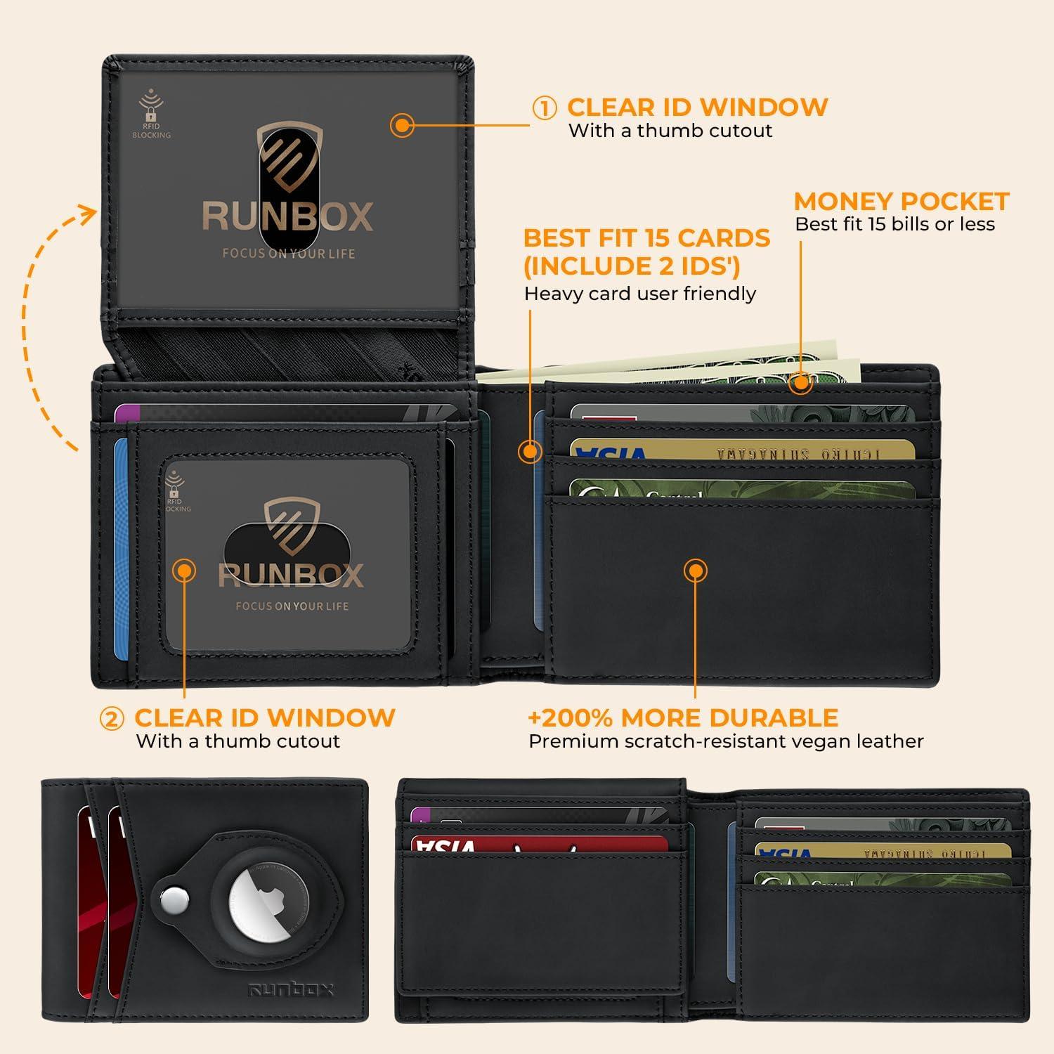 Cartera RUNBOX Airtag delgada de cuero RFID para hombres